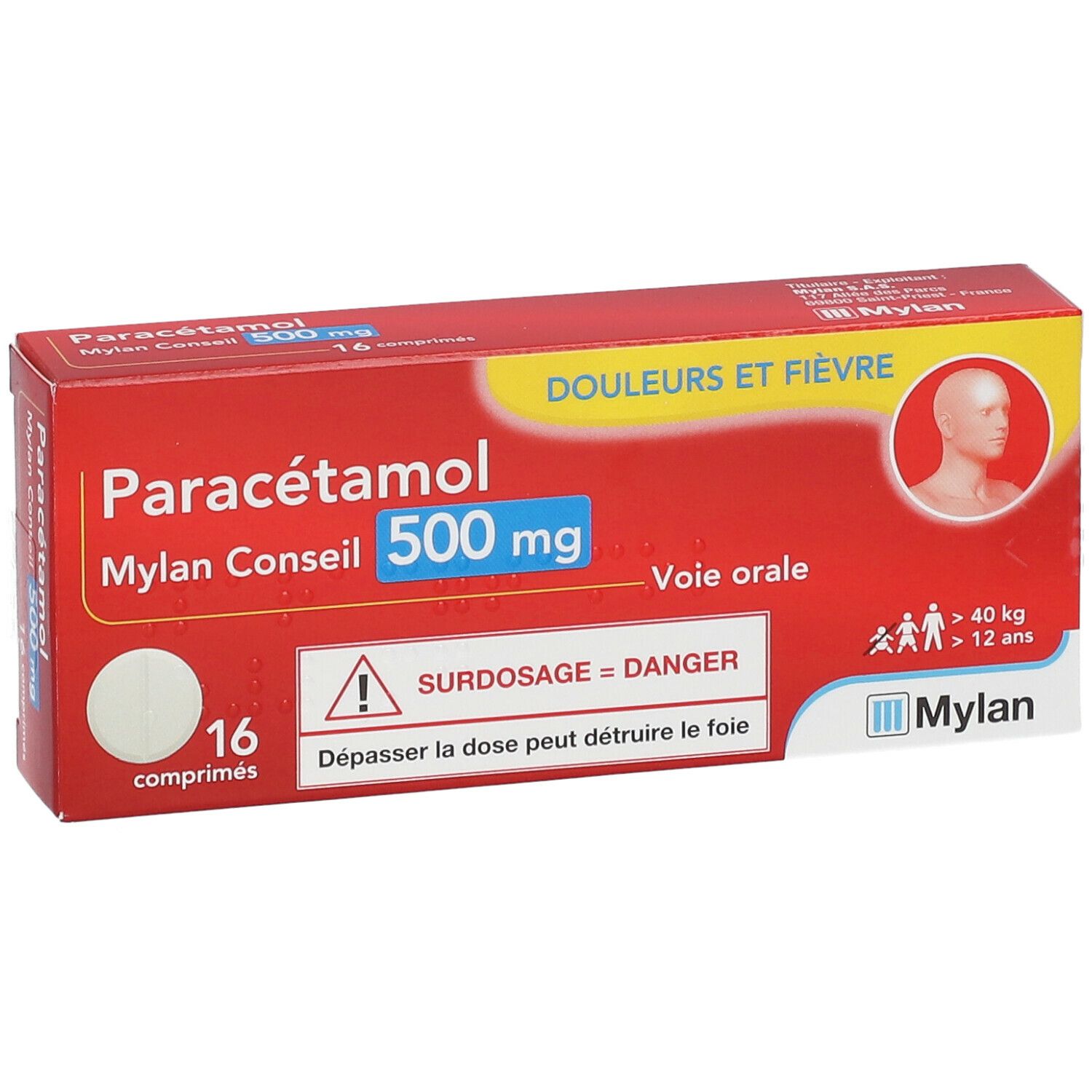 Boîte de Paracétamol Mylan Conseil 500 mg. Emballage rouge, 16 comprimés. Avertissement : Surdosage = DANGER. Logo Mylan.