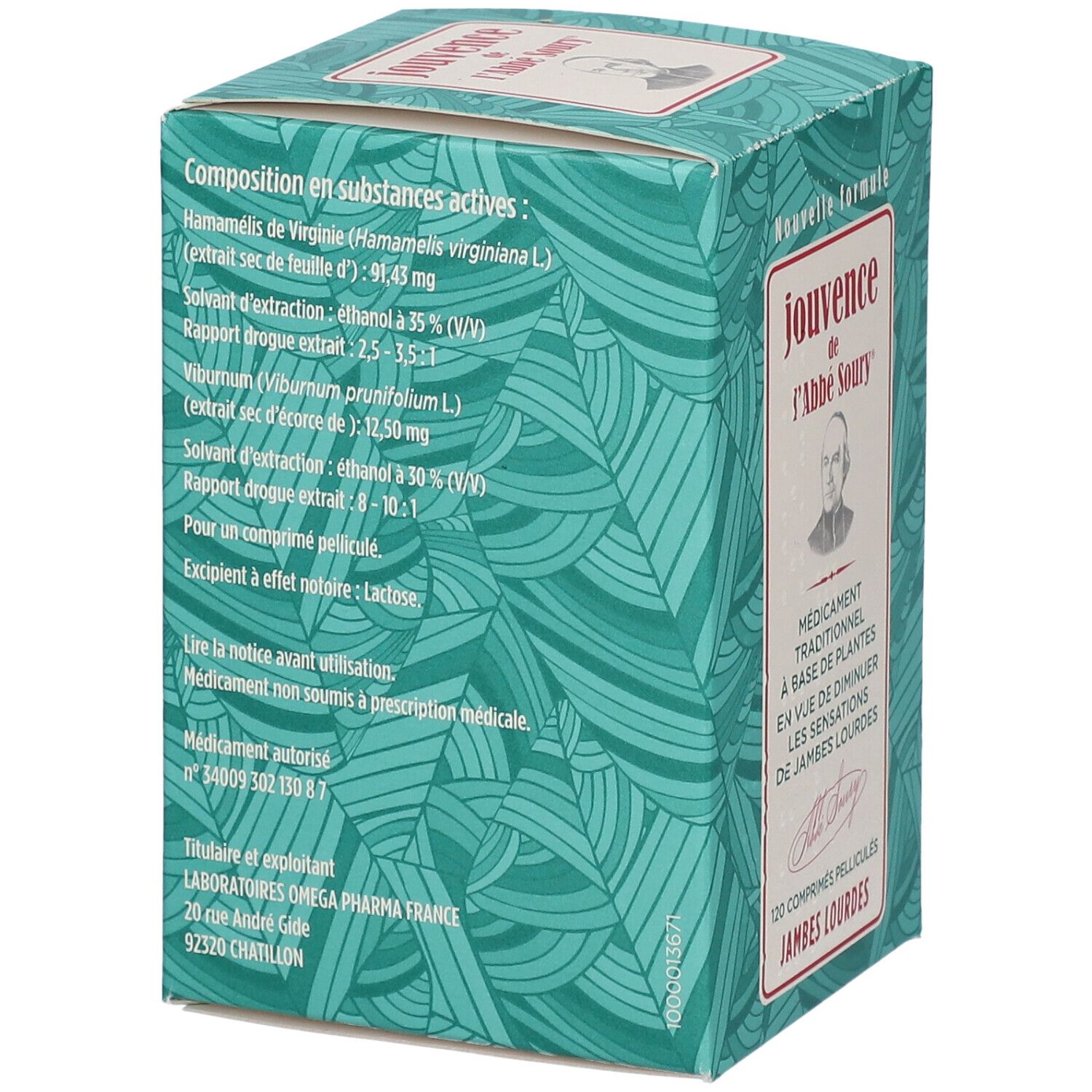 Boîte Jouvence de l'abbé Soury. Ingrédients et informations en français. Design vert et blanc avec feuilles.
