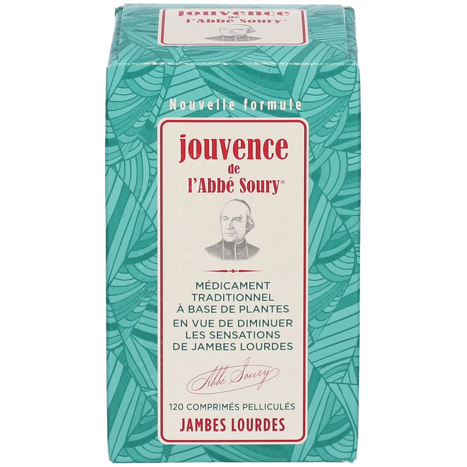 Boîte Jouvence de l'abbé Soury. 120 comprimés pelliculés. Design vert et blanc avec feuilles.