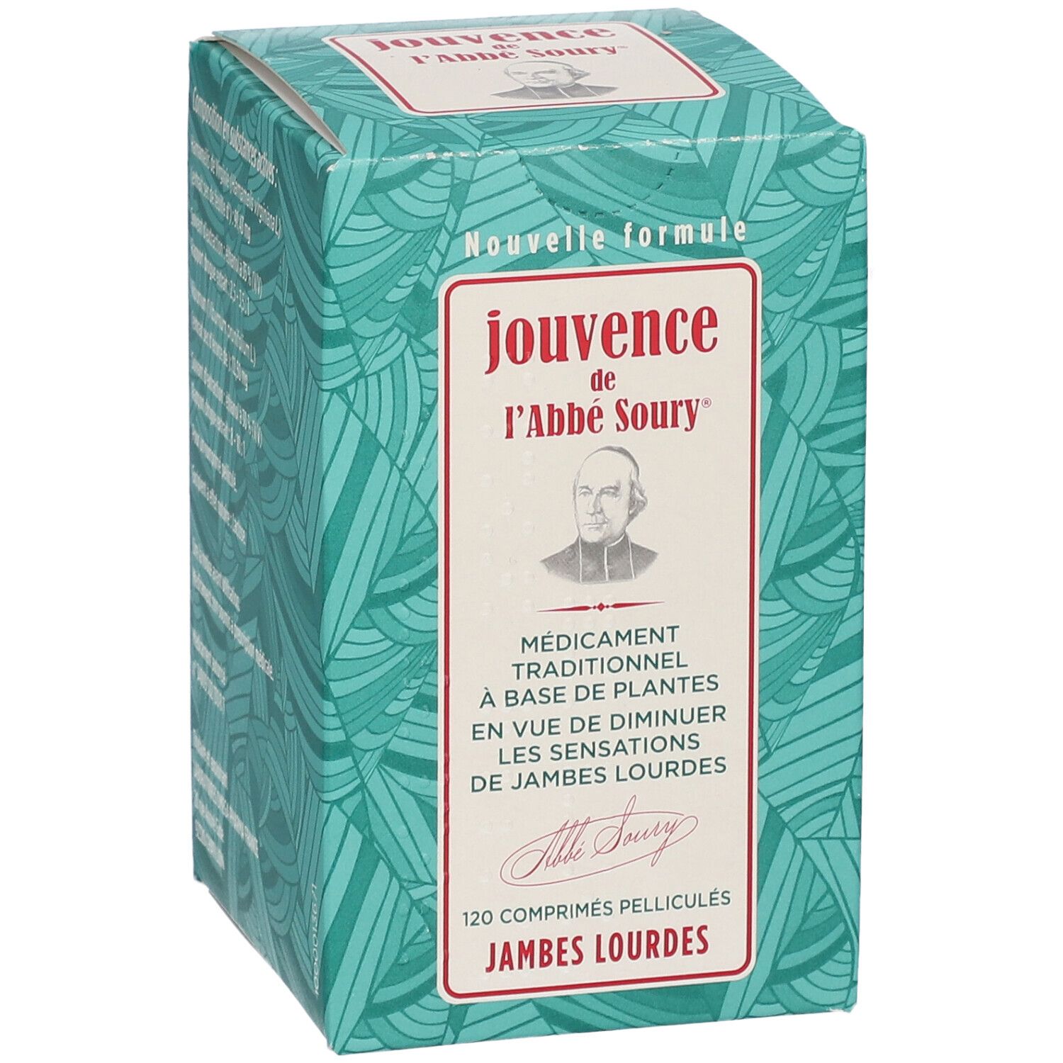 Boîte Jouvence de l'abbé Soury. 120 comprimés pelliculés. Design vert et blanc avec feuilles.