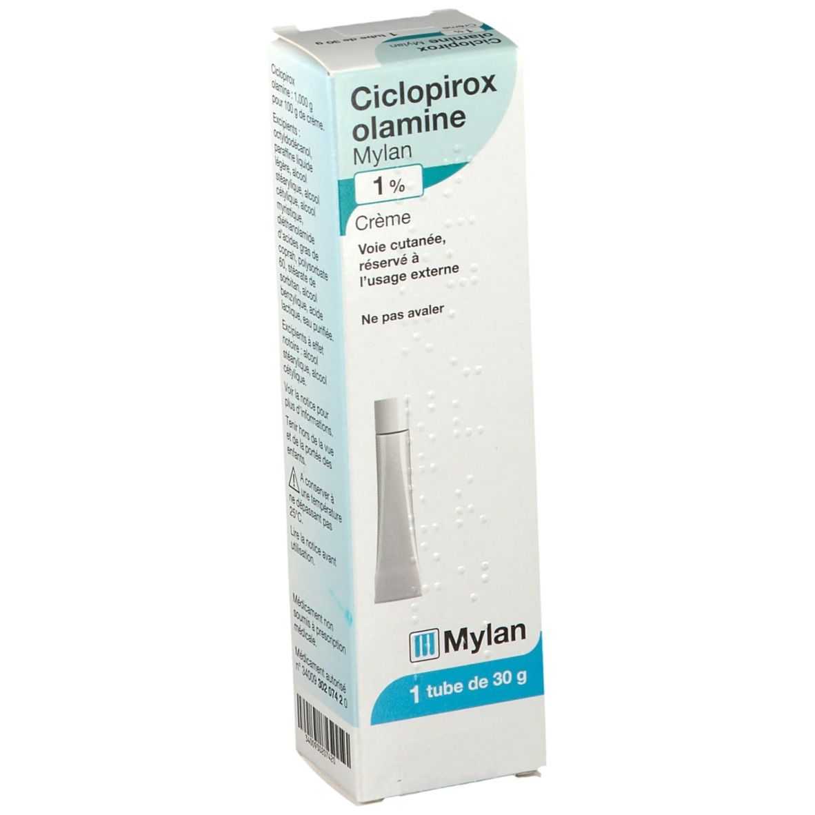 Tube et boîte de crème. Sur la boîte : Ciclopirox olamine Mylan 1%, Crème. Logo Mylan.