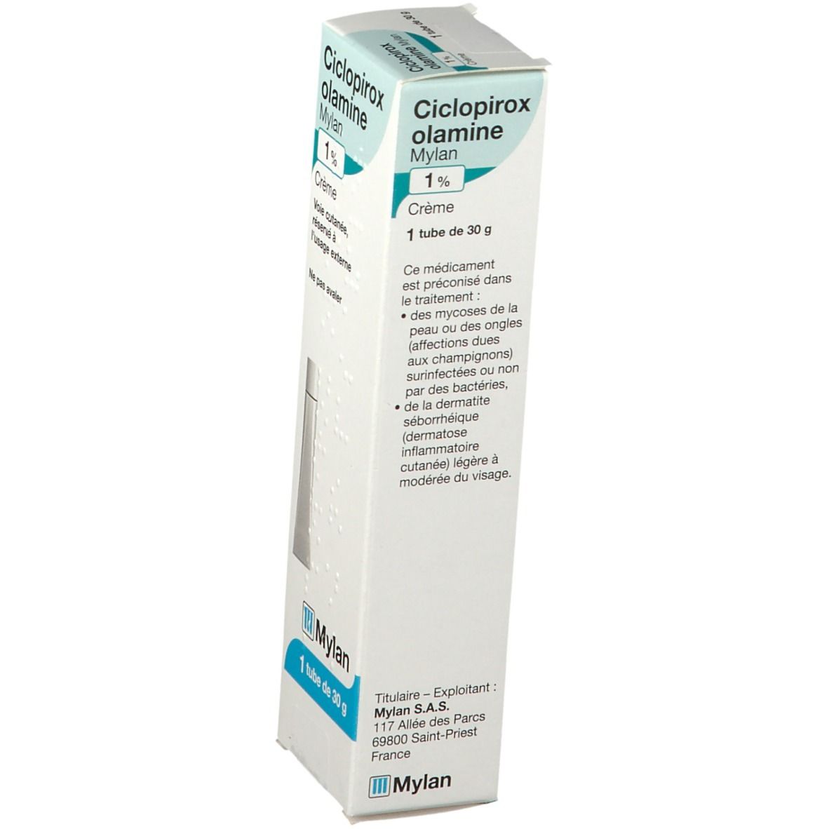 Boîte de crème. Inscription : Ciclopirox olamine Mylan 1%, Crème. 1 tube de 30 g. Logo Mylan.