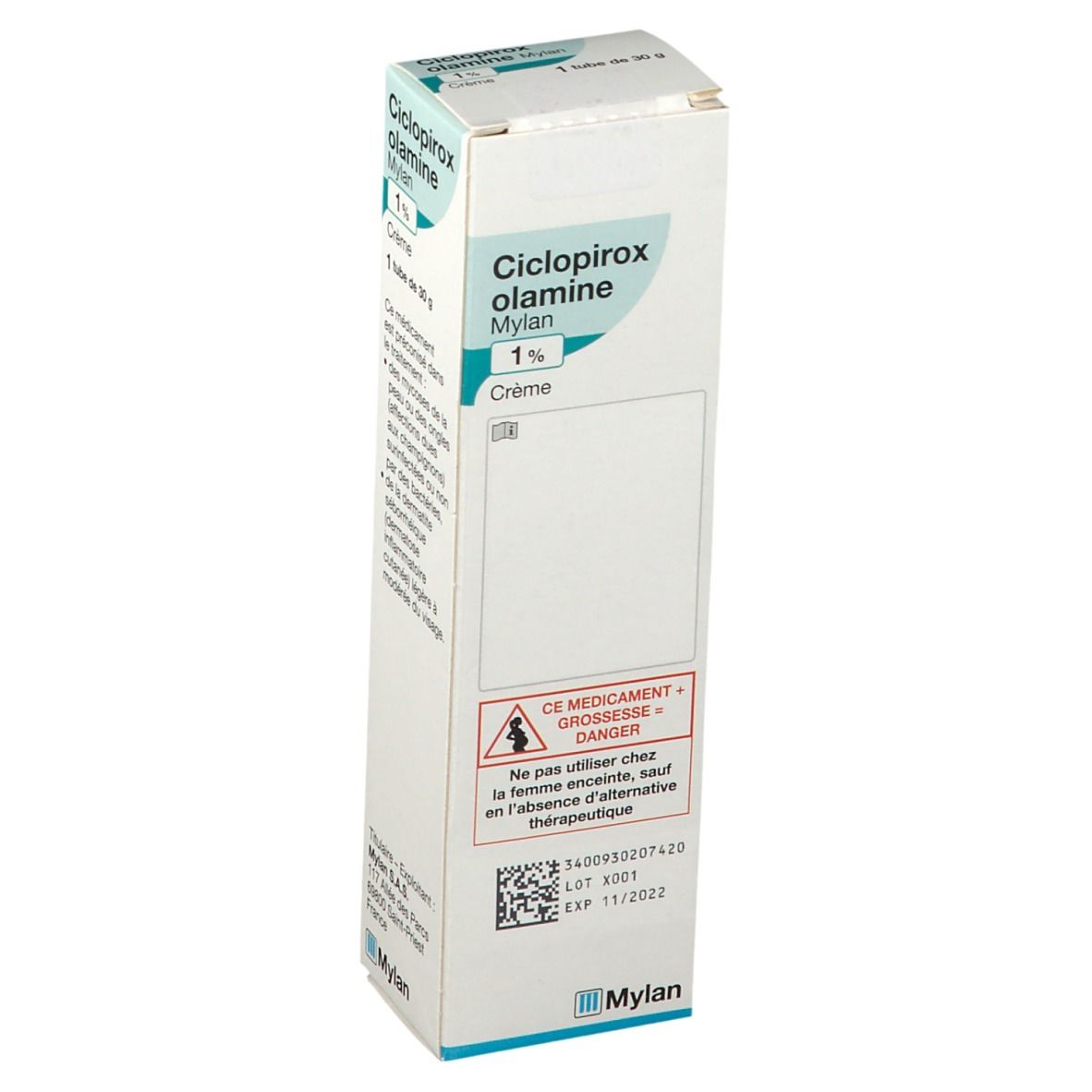 Boîte de crème. Inscription : Ciclopirox olamine Mylan 1%, Crème. Avertissement. Logo Mylan.