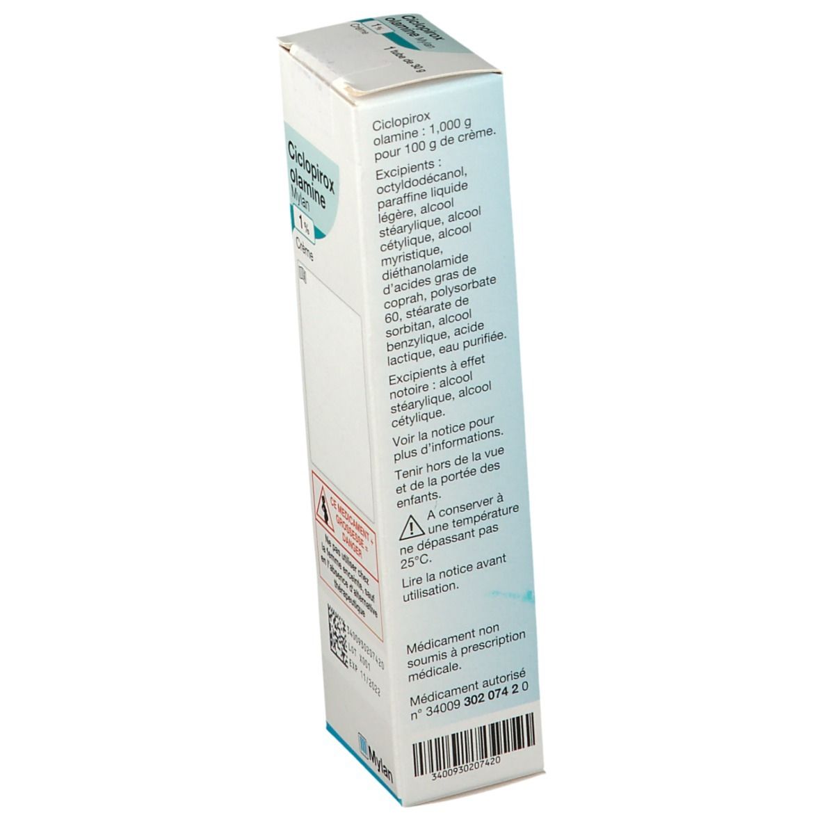 Boîte de crème. Inscription : Ciclopirox olamine. Ingrédients. Avertissements. Logo Mylan.