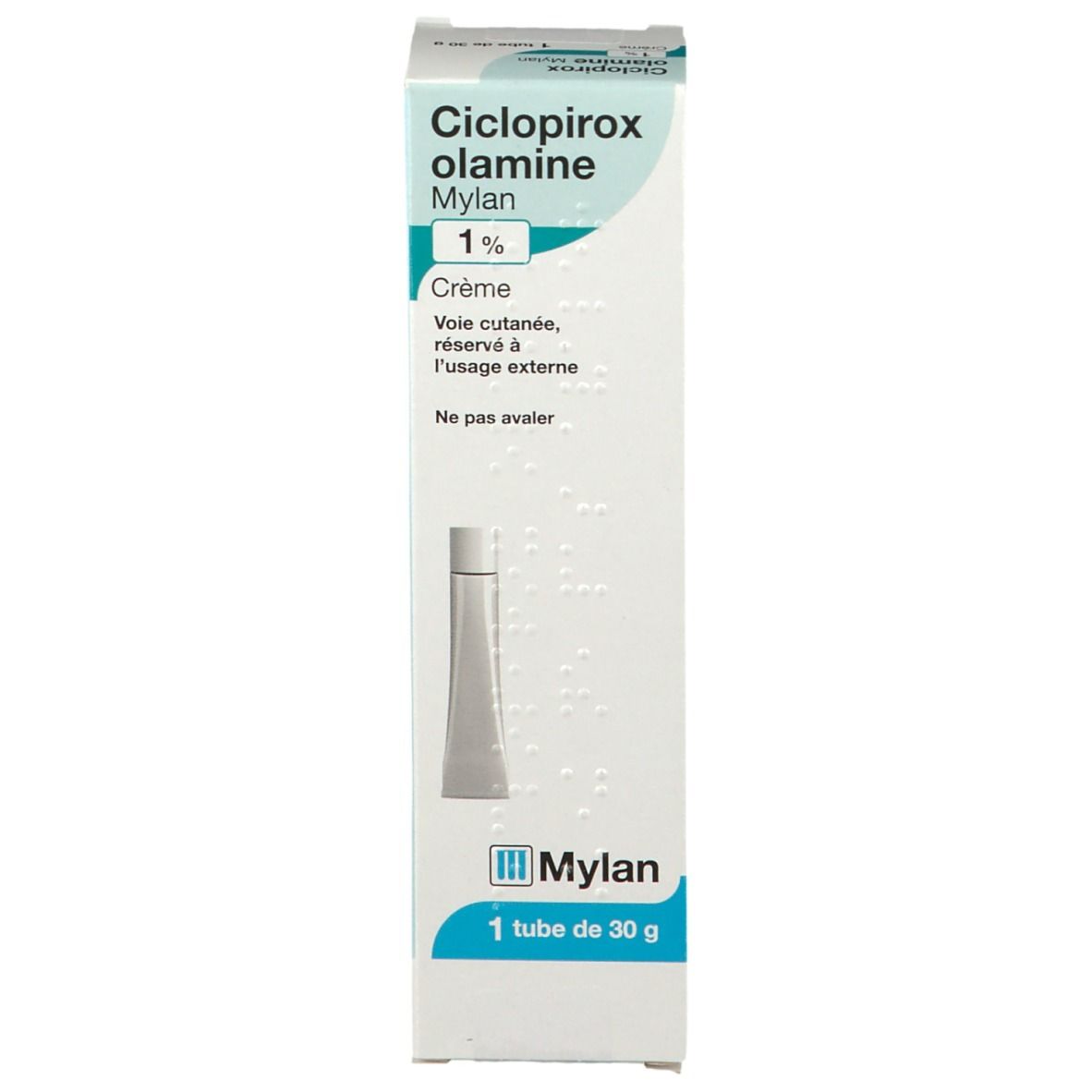 Tube et boîte de crème. Sur la boîte : Ciclopirox olamine Mylan 1%, Crème. Logo Mylan.