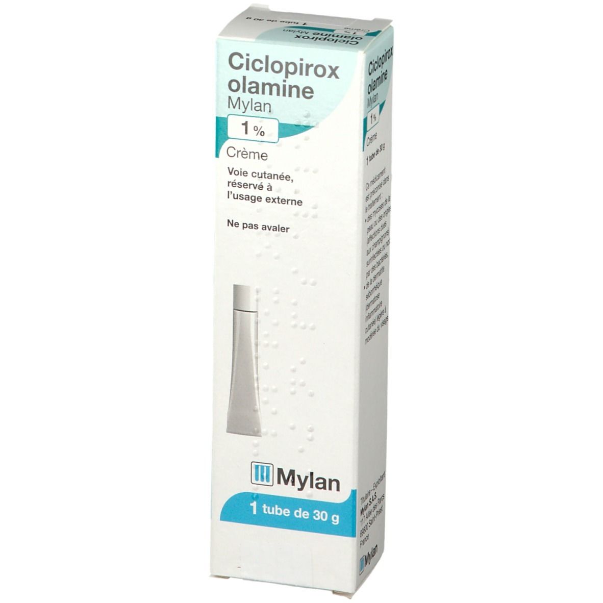 Tube et boîte de crème. Sur la boîte : Ciclopirox olamine Mylan 1%, Crème. Logo Mylan.