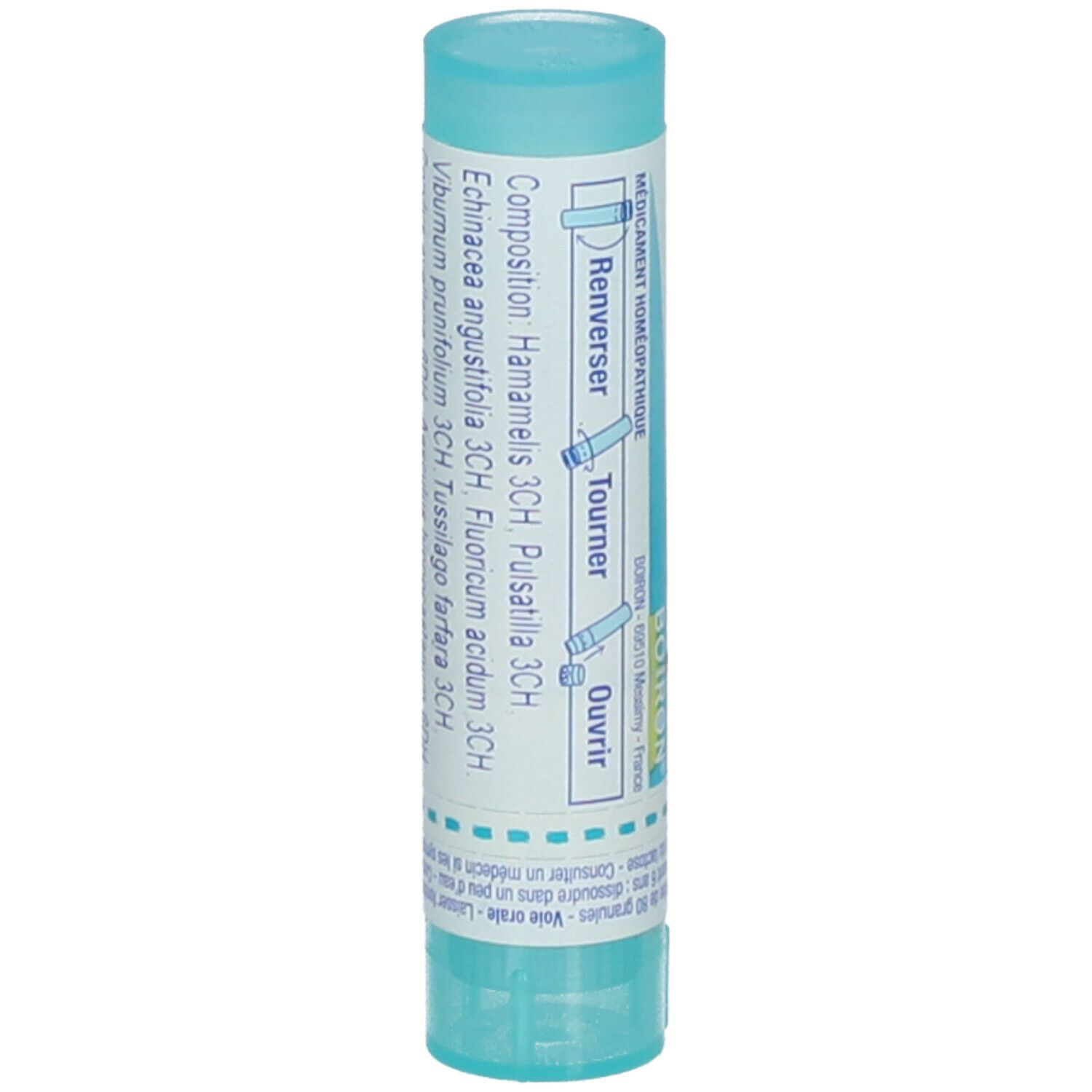 Tube bleu clair avec étiquette blanche. Inscription: Composition, Hamamelis 3CH, Pulsatilla 3CH, etc. Instructions.