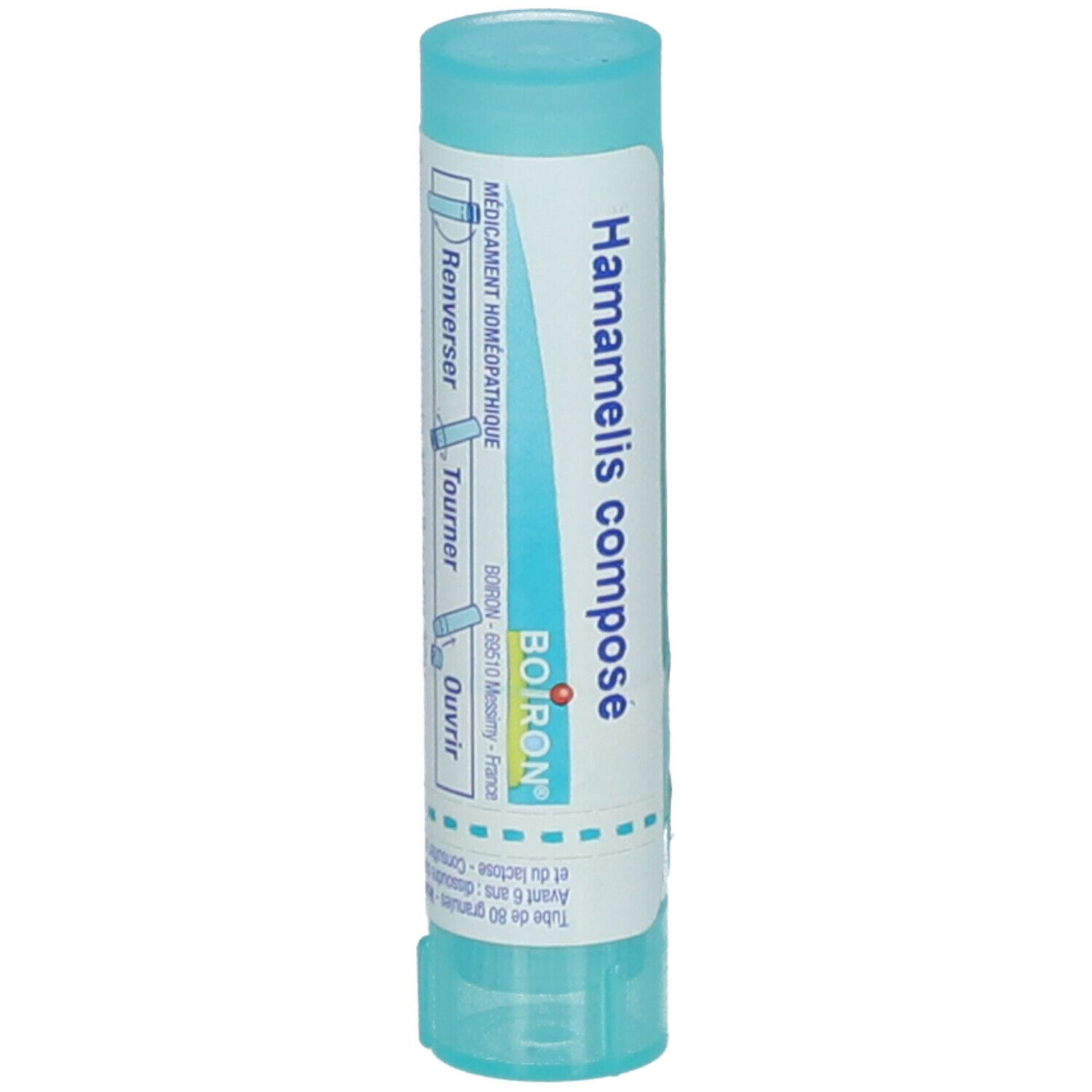 Tube cylindrique bleu clair avec étiquette blanche. Inscription: Hamamelis composé, BOIRON. Instructions d'utilisation.