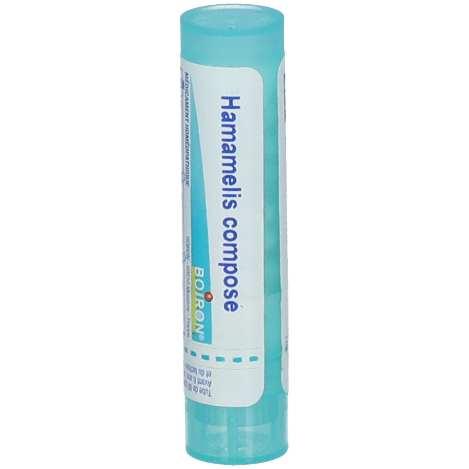 Tube bleu clair avec étiquette blanche. Inscription: Hamamelis composé, BOIRON. Instructions d'utilisation.