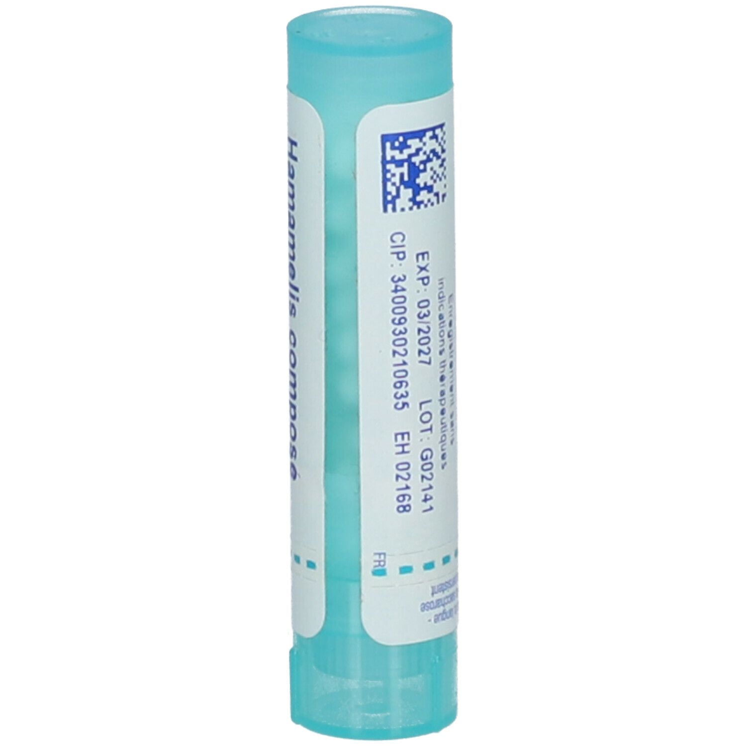 Tube bleu clair avec étiquette blanche. Inscription: Hamamelis composé. Date de péremption et numéro de lot.