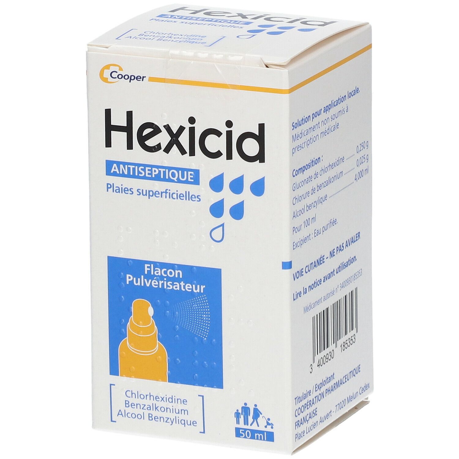 Boîte blanche "Hexicid Antiseptique". Contient un flacon pulvérisateur. Ingrédients: Chlorhexidine, Chlorure de benzalkonium, Alcool benzylique. 50 ml. Dos visible.