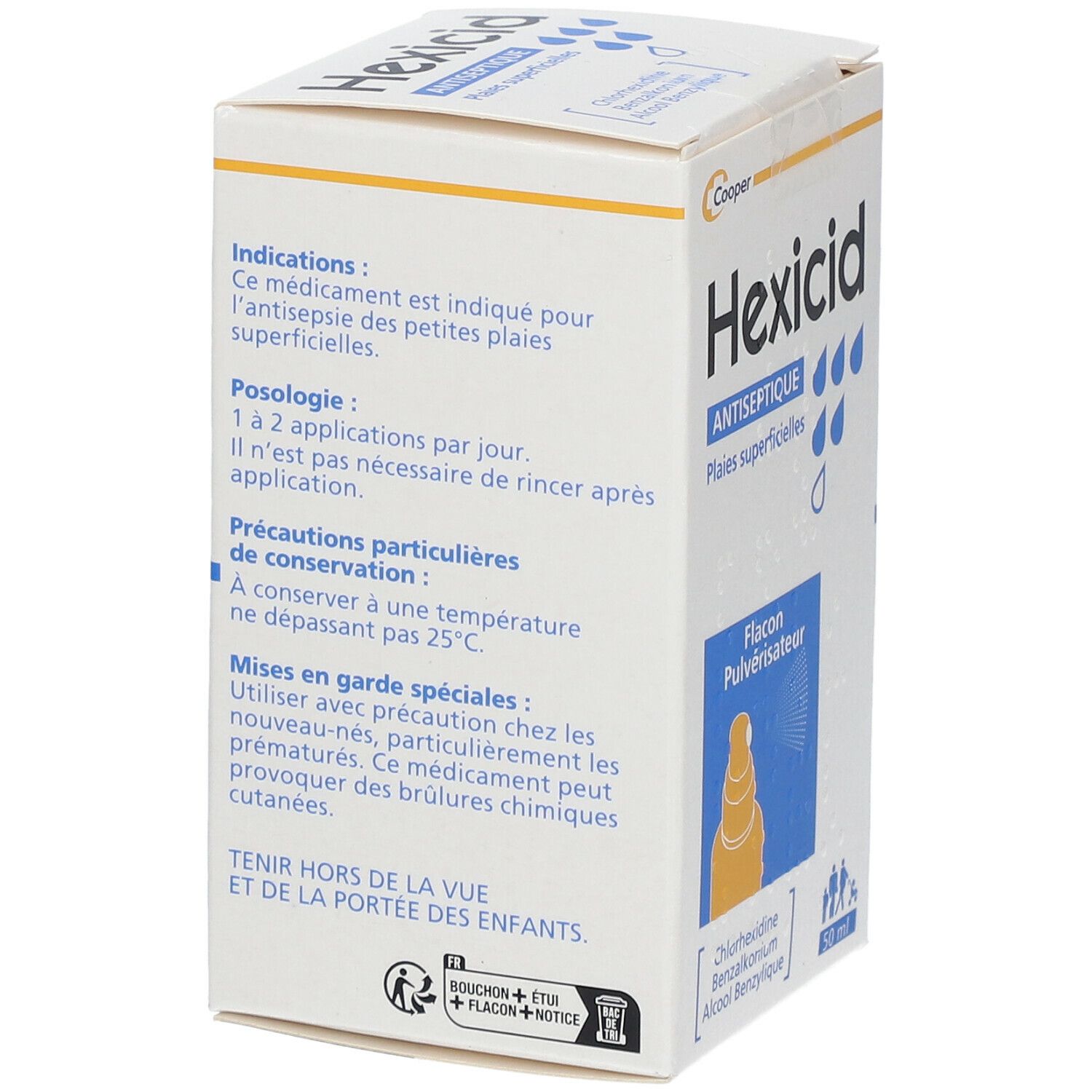 Boîte blanche "Hexicid Antiseptique". Contient un flacon pulvérisateur. Ingrédients: Chlorhexidine, Chlorure de benzalkonium, Alcool benzylique. 50 ml. Vue détaillée.