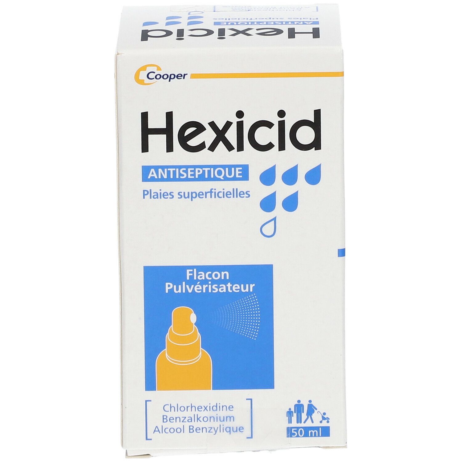 Boîte blanche "Hexicid Antiseptique". Contient un flacon pulvérisateur. Ingrédients: Chlorhexidine, Chlorure de benzalkonium, Alcool benzylique. 50 ml.