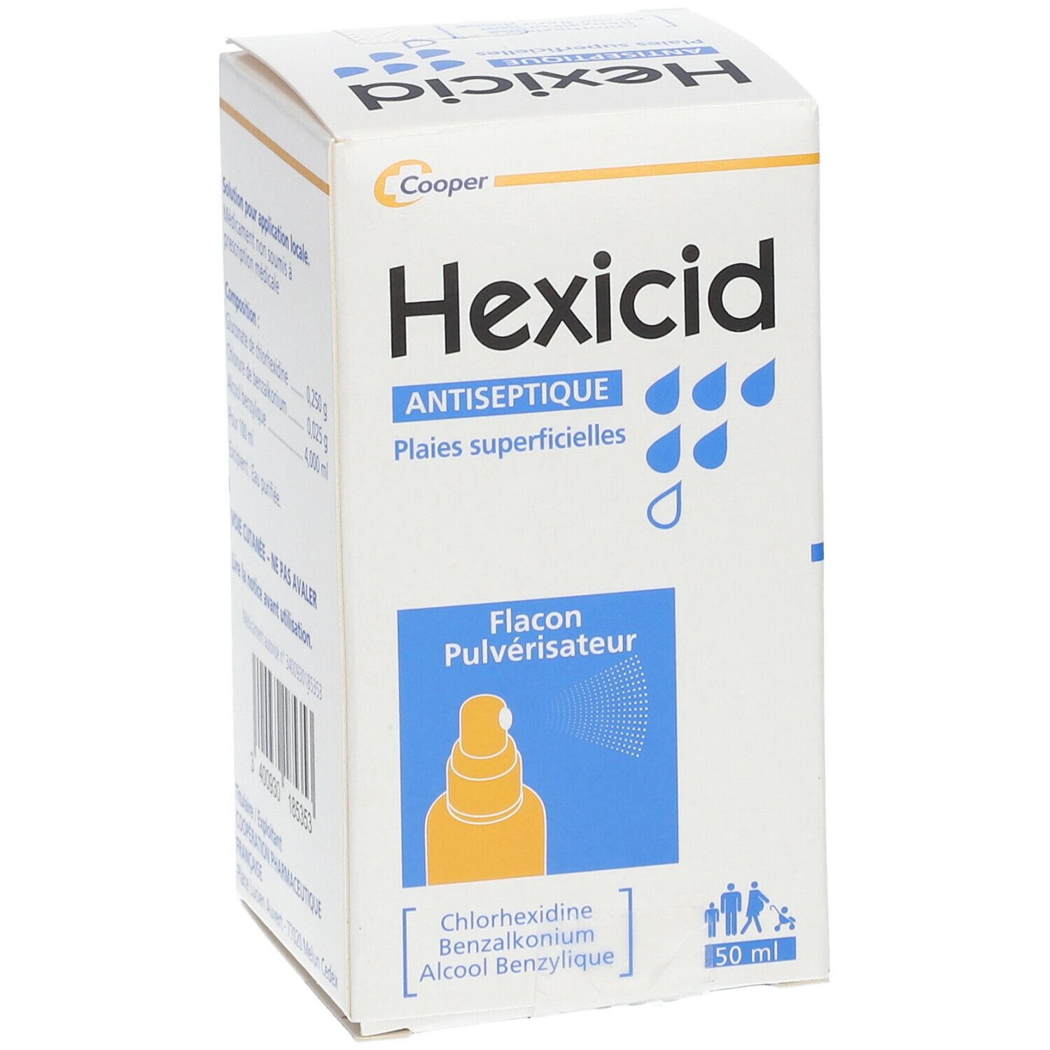 Boîte blanche "Hexicid Antiseptique". Contient un flacon pulvérisateur. Ingrédients: Chlorhexidine, Chlorure de benzalkonium, Alcool benzylique. 50 ml.