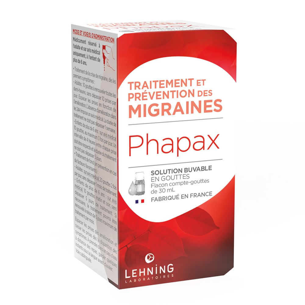 Boîte "Traitement et prévention des migraines Phapax". Marque Lehning. Solution buvable. Drapeau français.