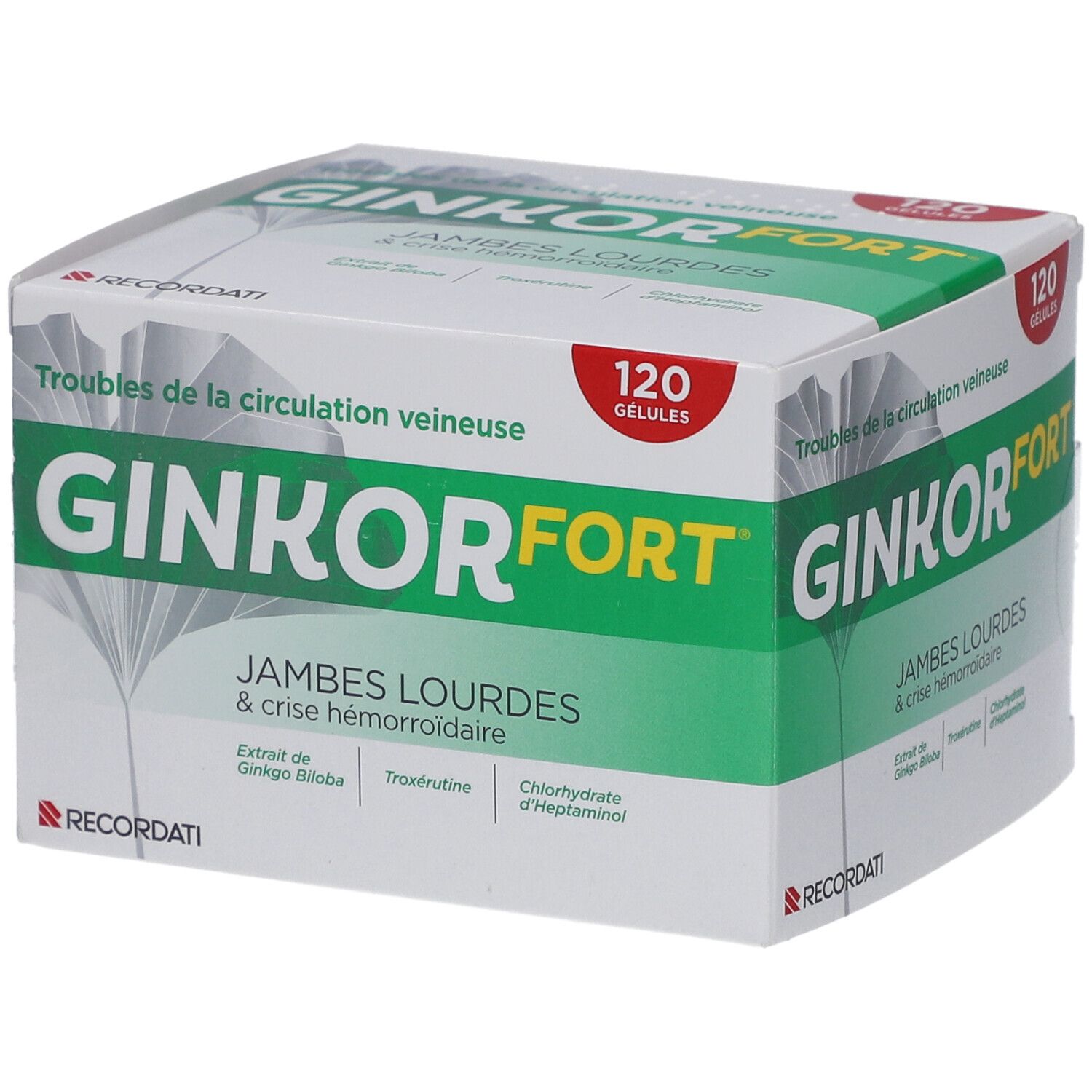 Boîte de Ginkor Fort. Design vert et blanc. Texte: Ginkor Fort, 120 gélules, Jambes lourdes & crise hémorroïdaire.