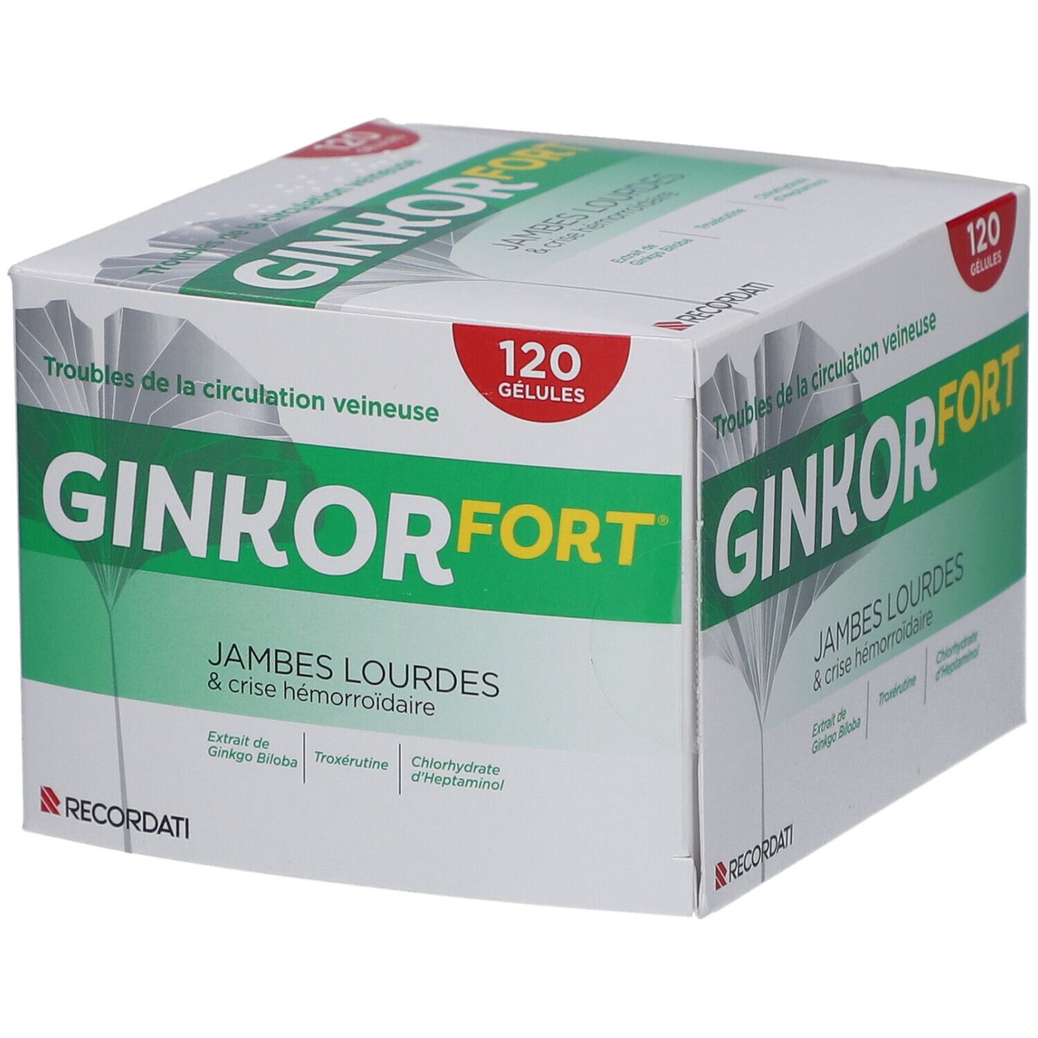 Boîte de Ginkor Fort. Design vert et blanc. Texte: Ginkor Fort, 120 gélules, Jambes lourdes & crise hémorroïdaire.