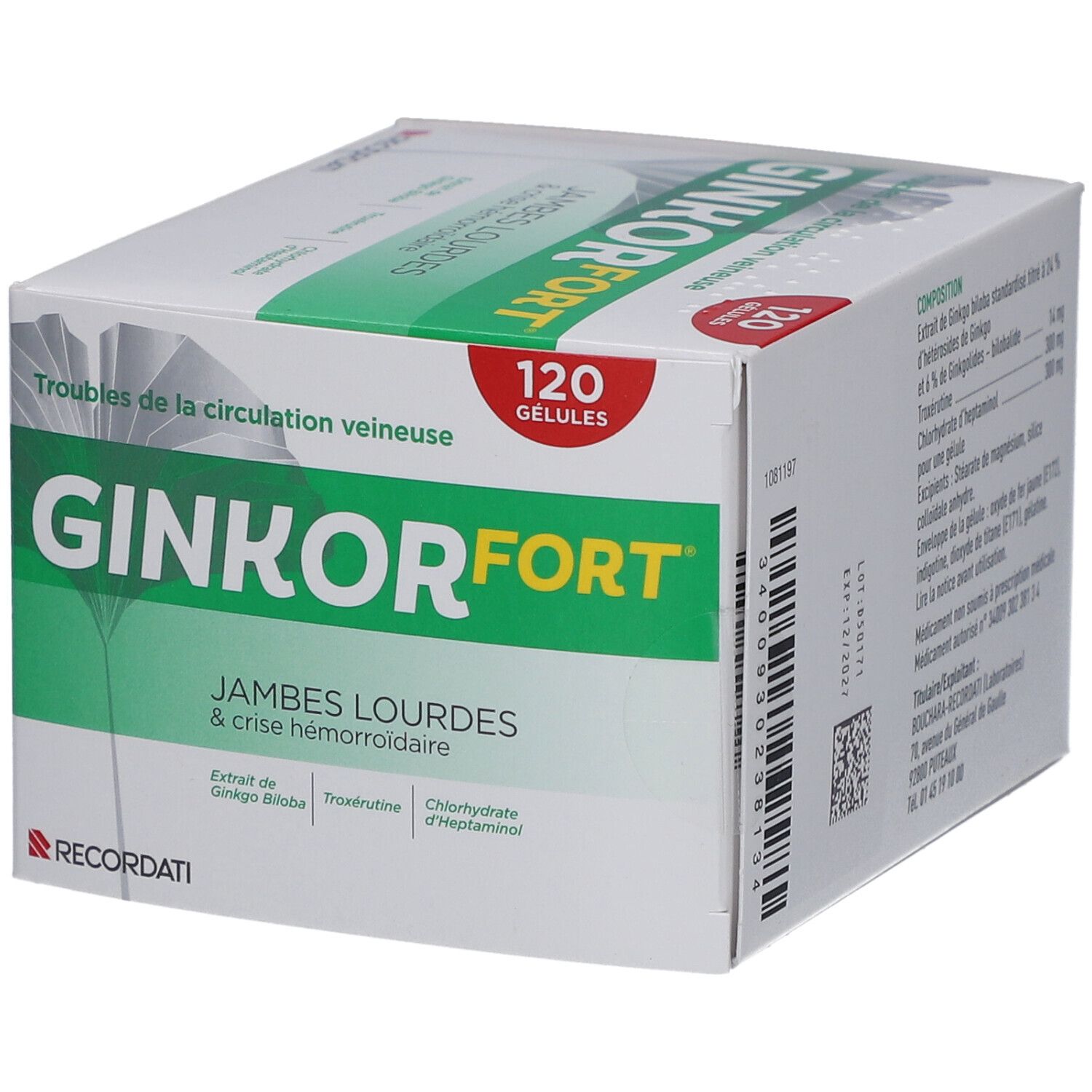 Boîte de Ginkor Fort. Design vert et blanc. Texte: Ginkor Fort, 120 gélules, Jambes lourdes & crise hémorroïdaire.