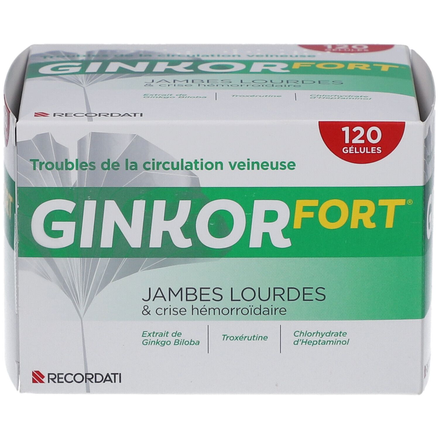 Boîte de Ginkor Fort. Design vert et blanc. Texte: Ginkor Fort, 120 gélules, Jambes lourdes & crise hémorroïdaire.