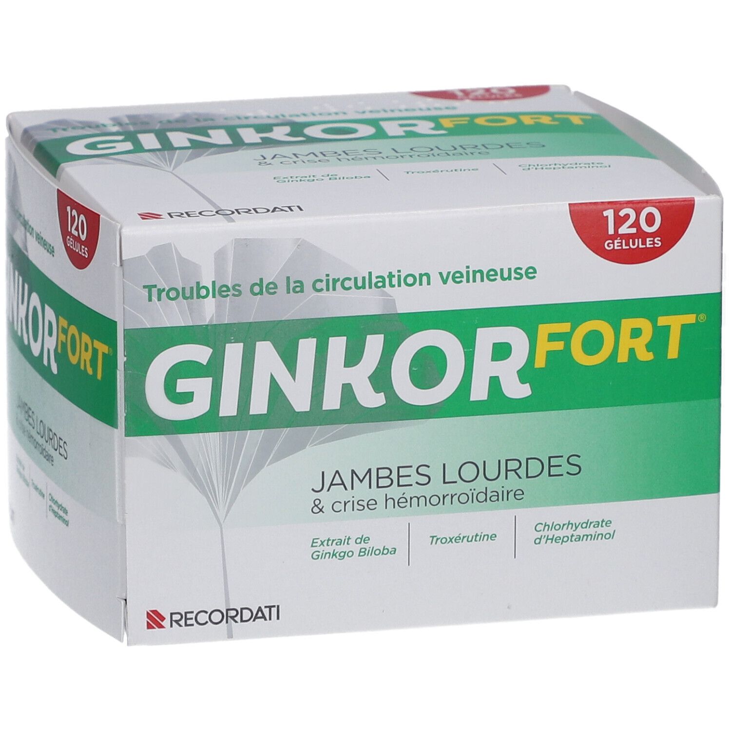 Boîte de Ginkor Fort. Design vert et blanc. Texte: Ginkor Fort, 120 gélules, Jambes lourdes & crise hémorroïdaire.