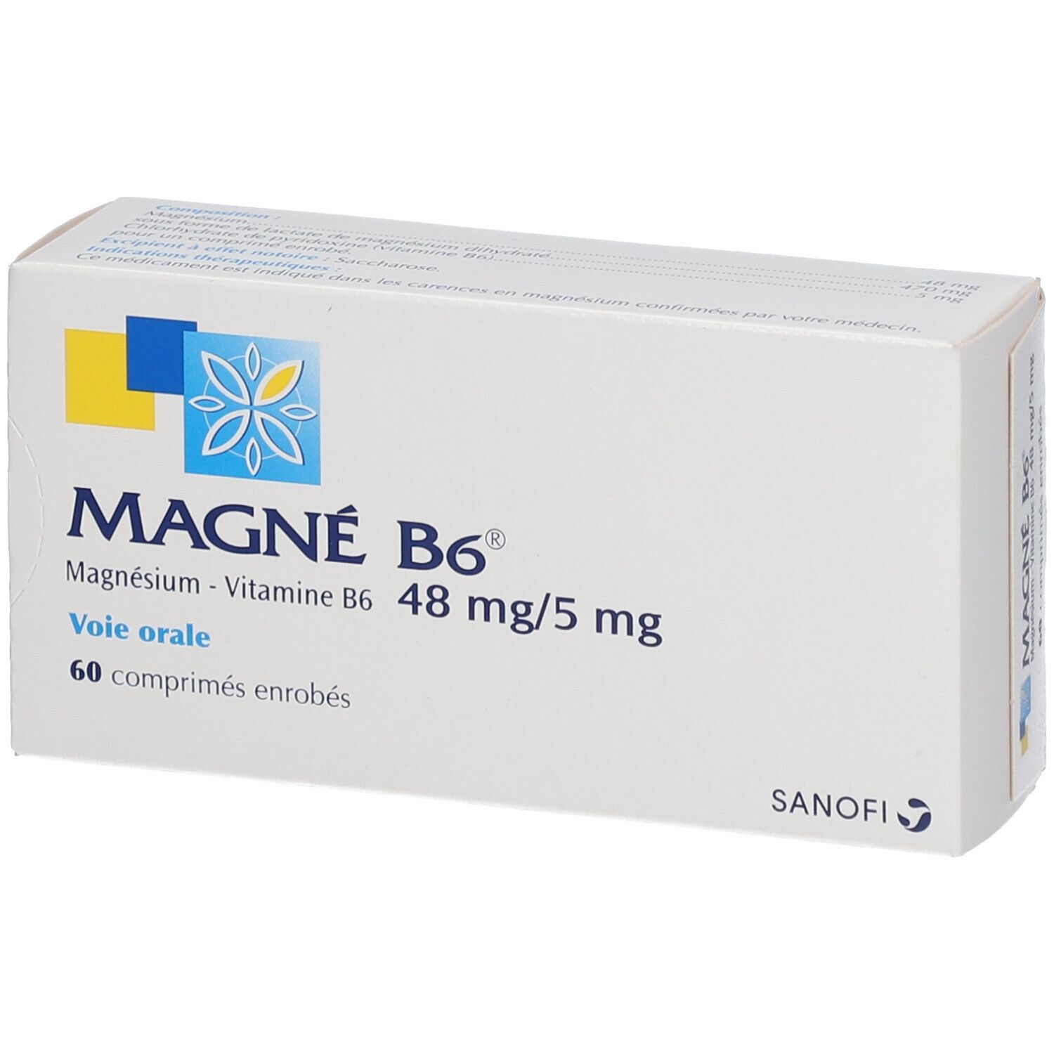 Boîte de MAGNÉ B6, 48 mg/5 mg. Inscription: 60 comprimés enrobés. Logo Sanofi.