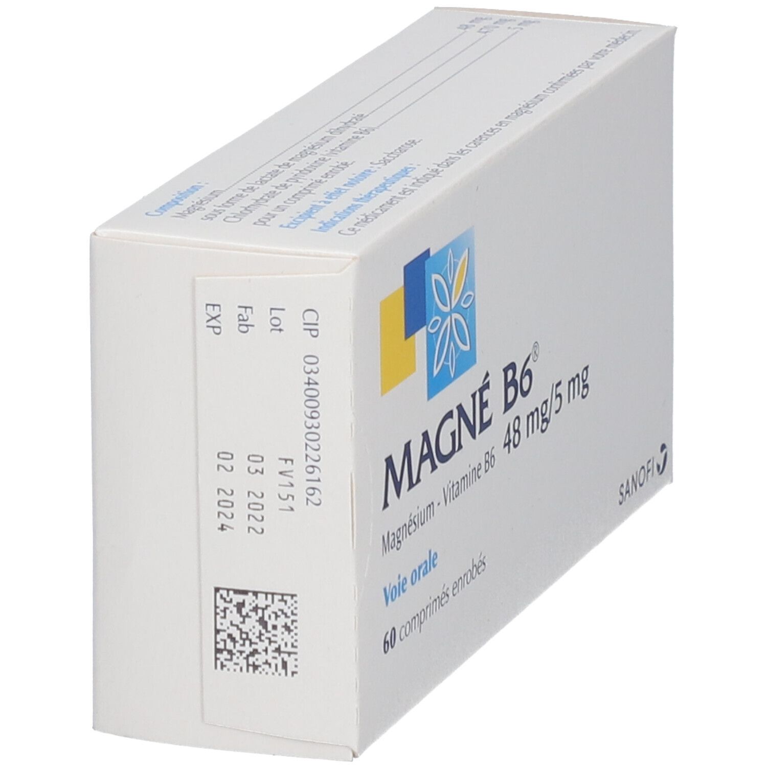 Boîte MAGNÉ B6, 48 mg/5 mg. Inscription: 60 comprimés. Logo Sanofi. Numéro de lot et date d'expiration.