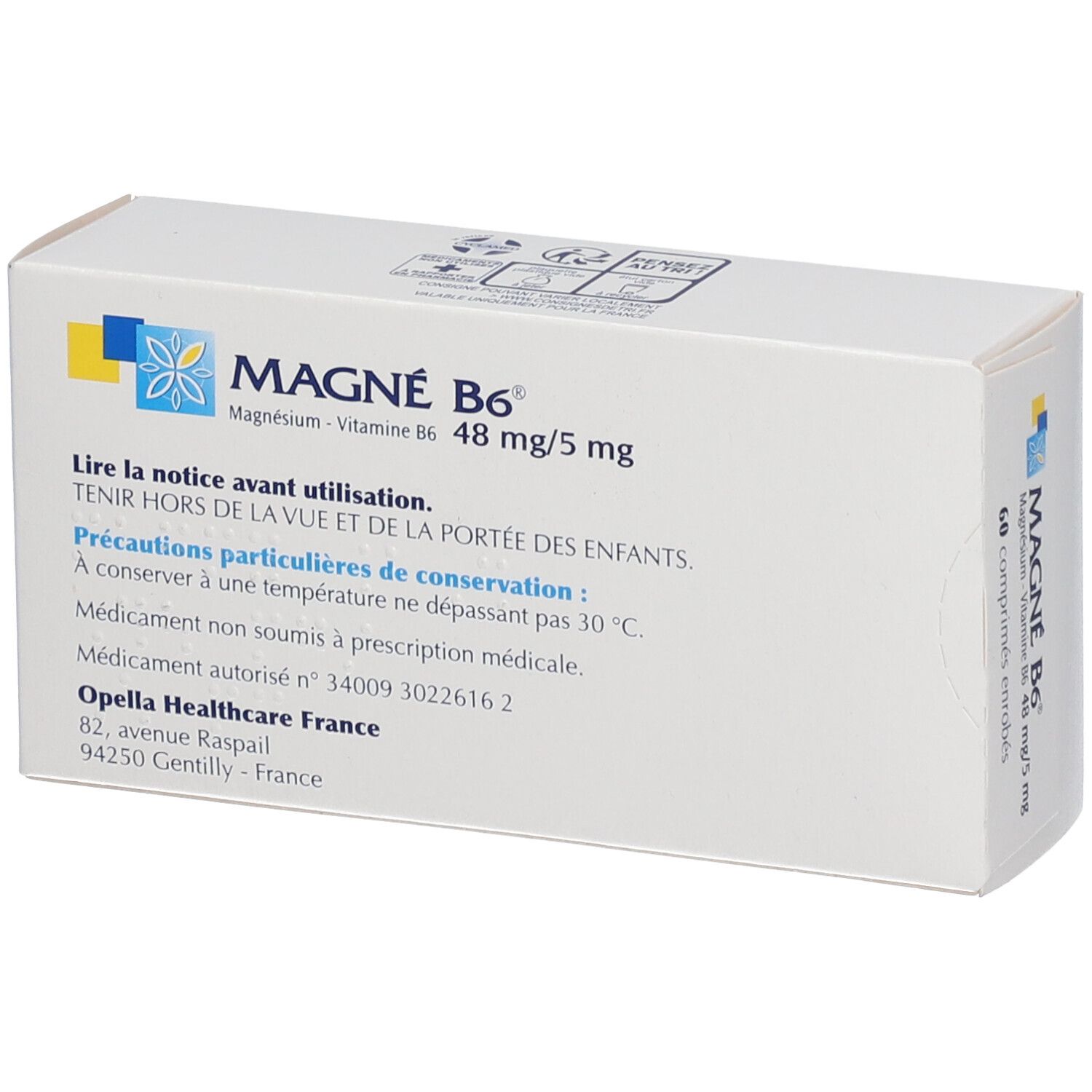 Boîte MAGNÉ B6, 48 mg/5 mg. Inscription: 60 comprimés. Avertissements. Opella Healthcare France.