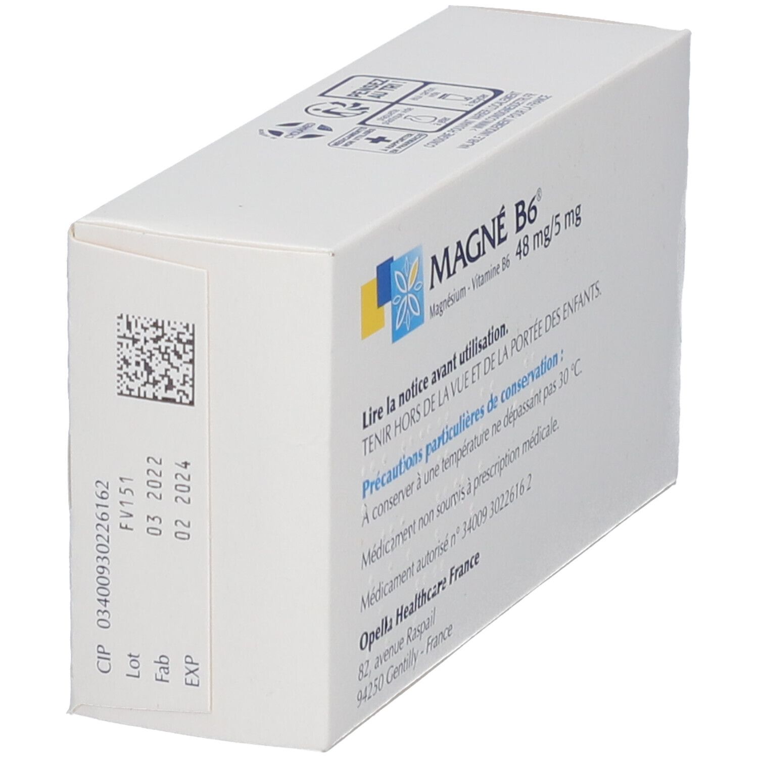Boîte MAGNÉ B6, 48 mg/5 mg. Inscription: 60 comprimés. Avertissements. Opella Healthcare France. Numéro de lot et date d'expiration.