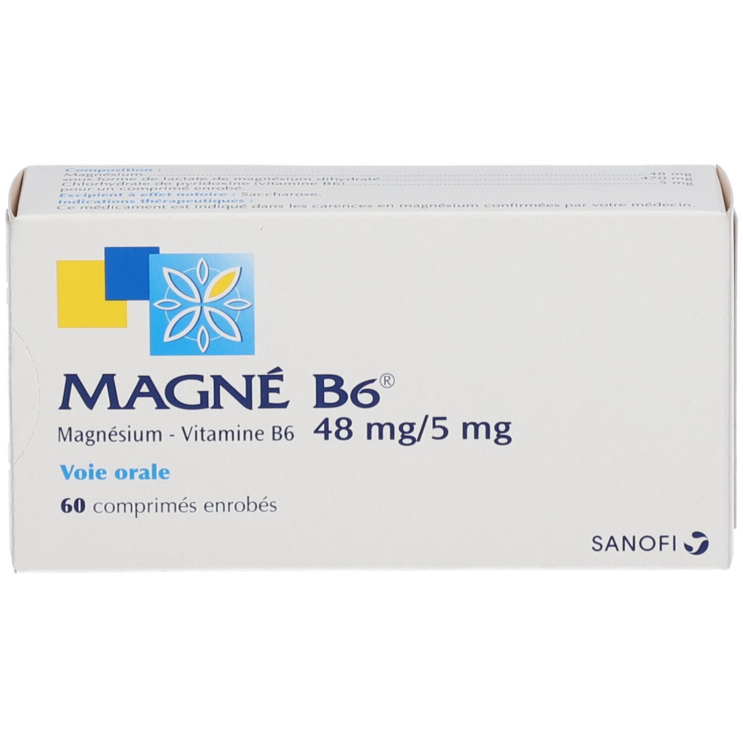 Boîte MAGNÉ B6, 48 mg/5 mg. Inscription: 60 comprimés enrobés. Logo Sanofi.