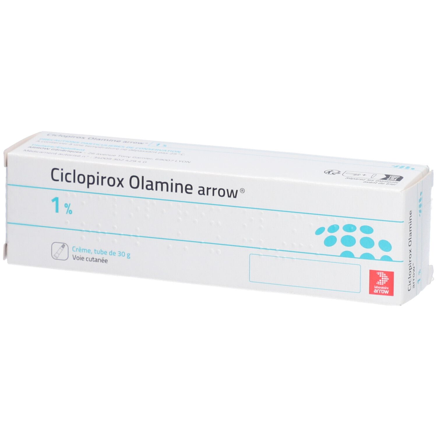 Boîte de Ciclopirox Olamine arrow 1% crème. Emballage blanc avec points bleus et logo rouge.