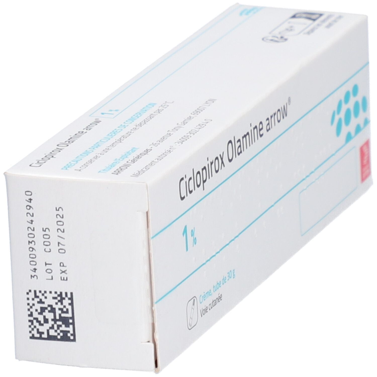 Boîte Ciclopirox Olamine arrow 1% crème. Emballage blanc avec code-barres, lot et date d'expiration.