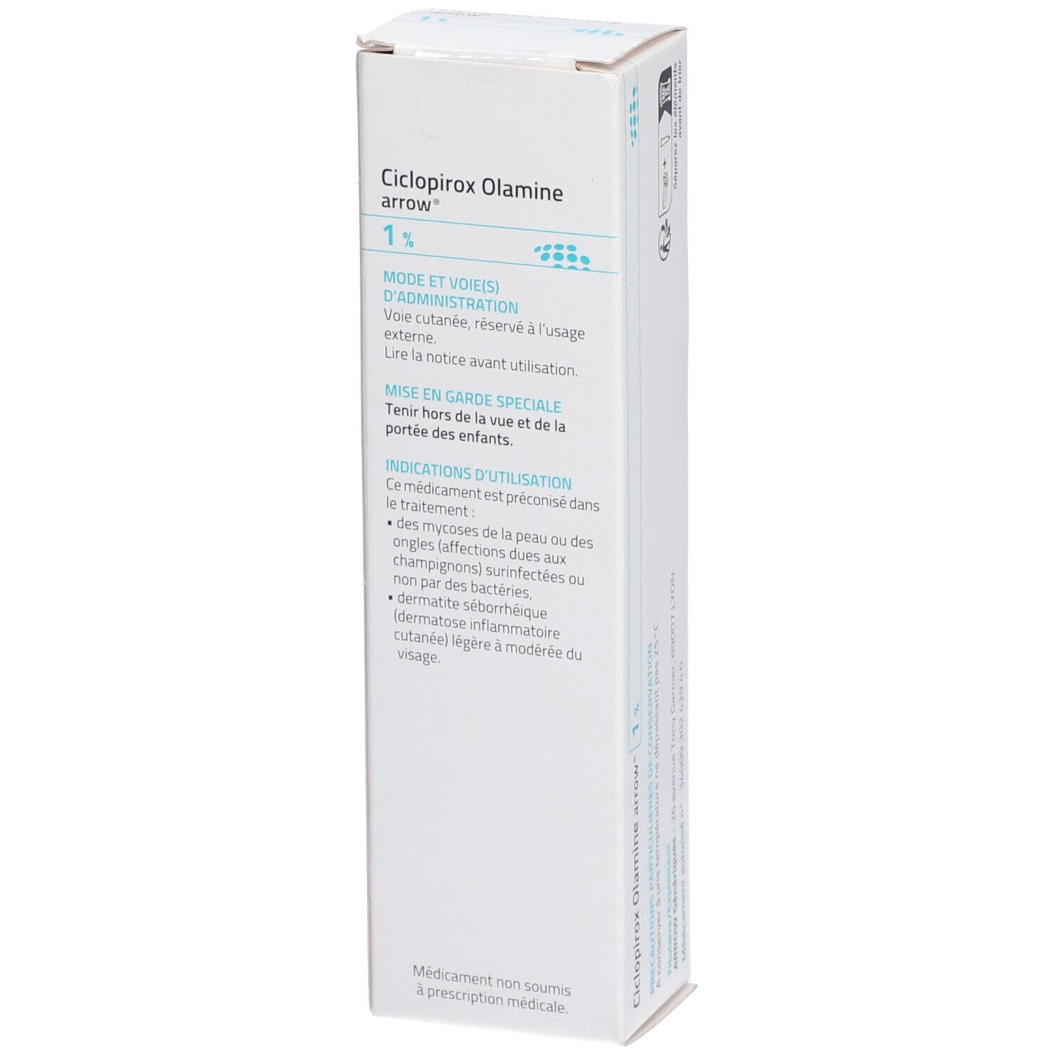 Vue latérale de la boîte Ciclopirox Olamine arrow 1% crème. Texte avec instructions et précautions.