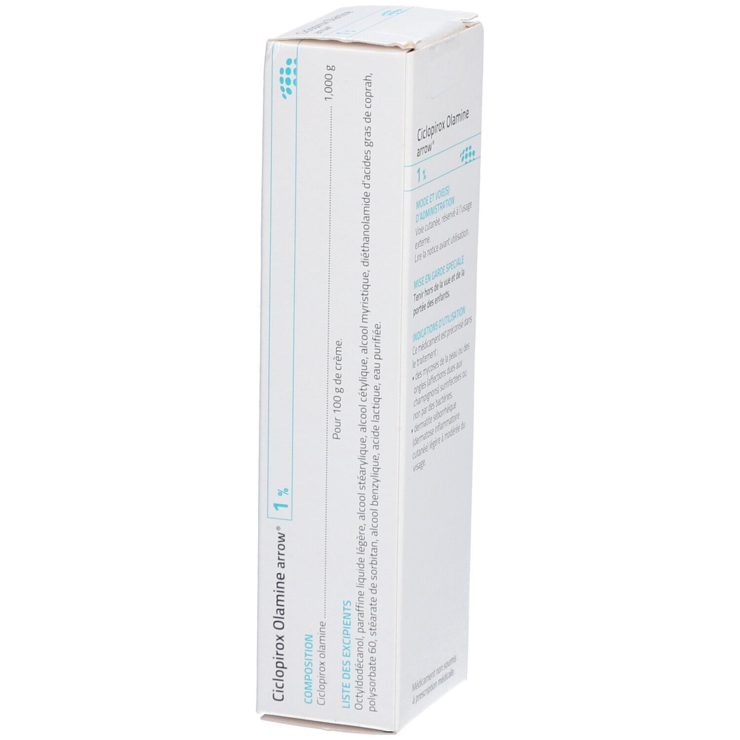 Dos de la boîte Ciclopirox Olamine arrow 1% crème. Liste des ingrédients et composition.