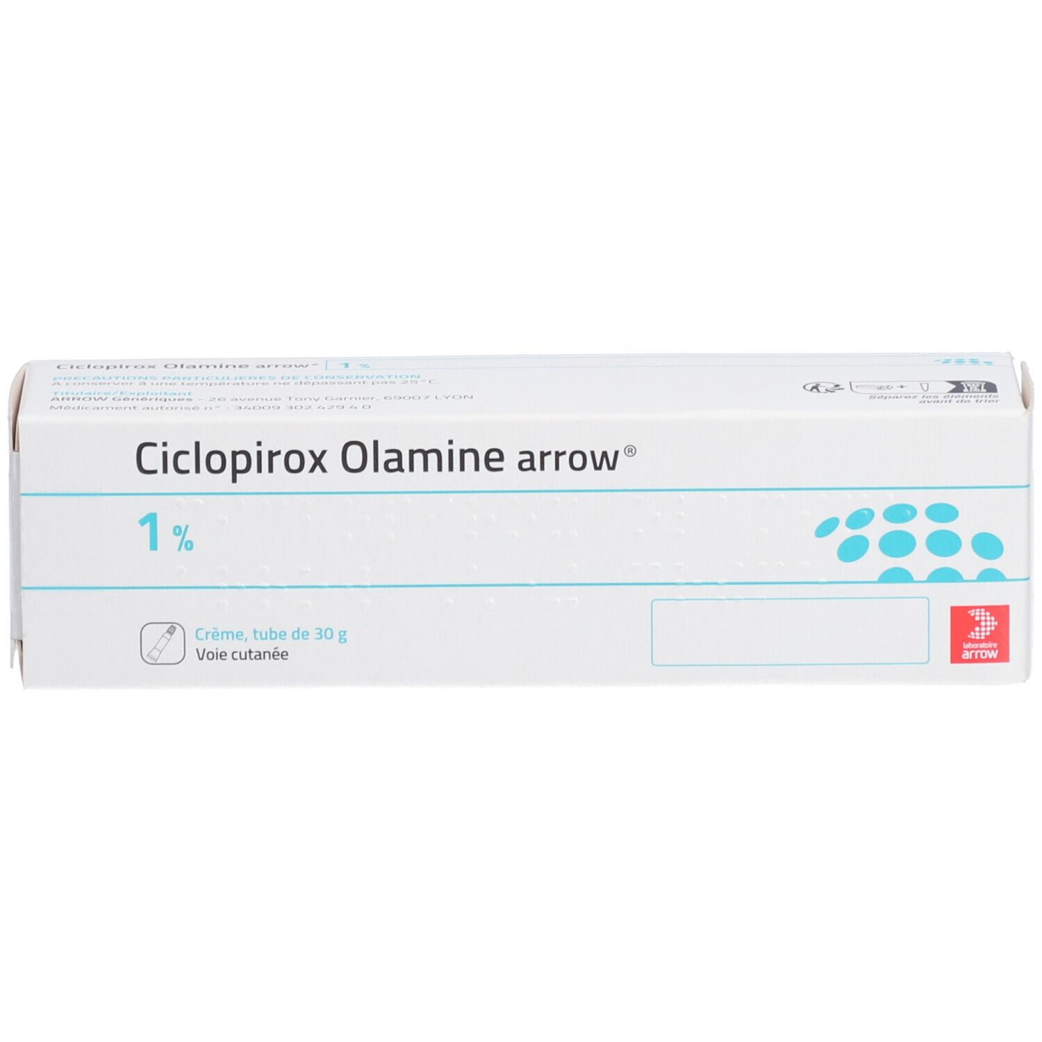 Boîte Ciclopirox Olamine arrow 1% crème. Emballage blanc avec points bleus et logo rouge.