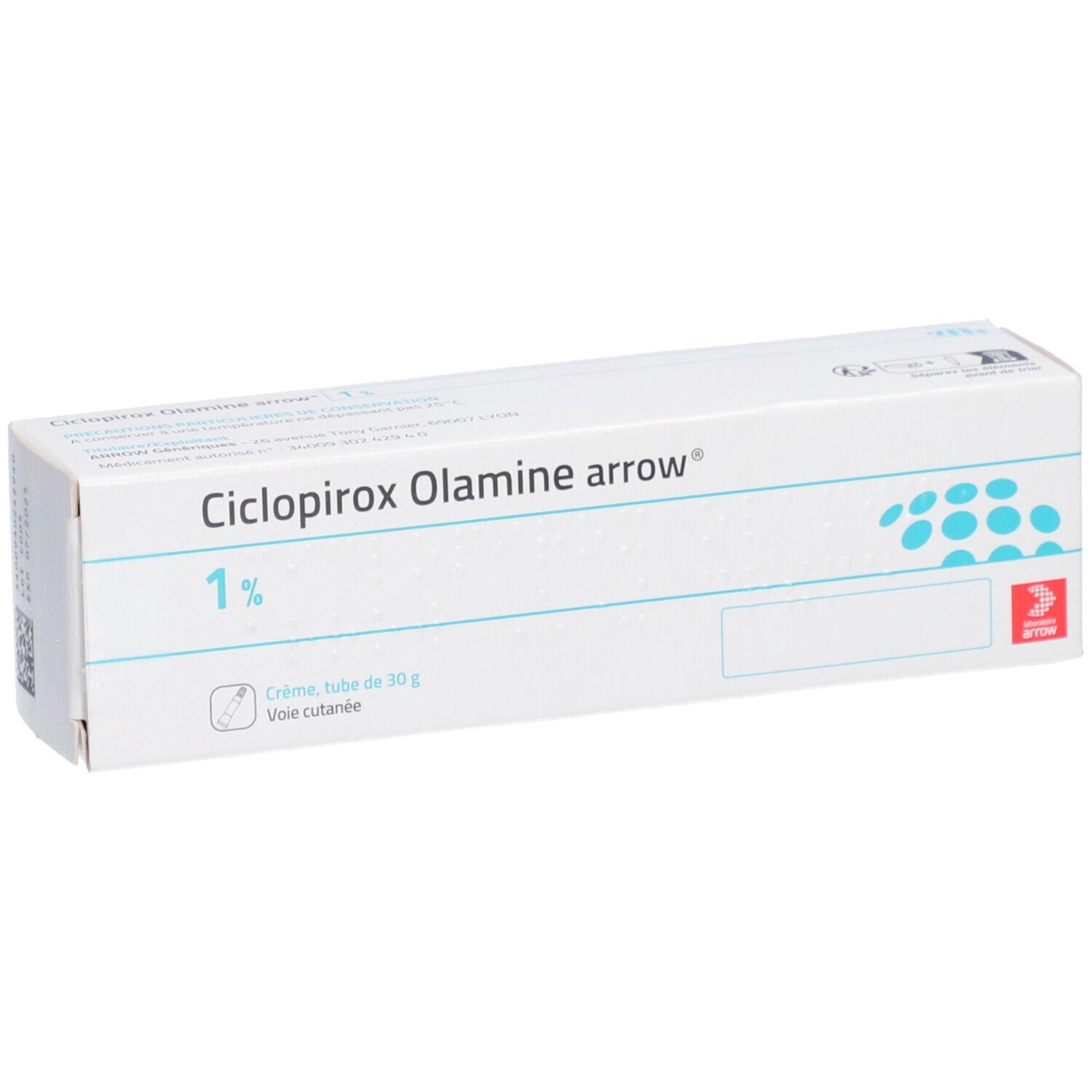 Boîte Ciclopirox Olamine arrow 1% crème. Emballage blanc avec points bleus et logo rouge.