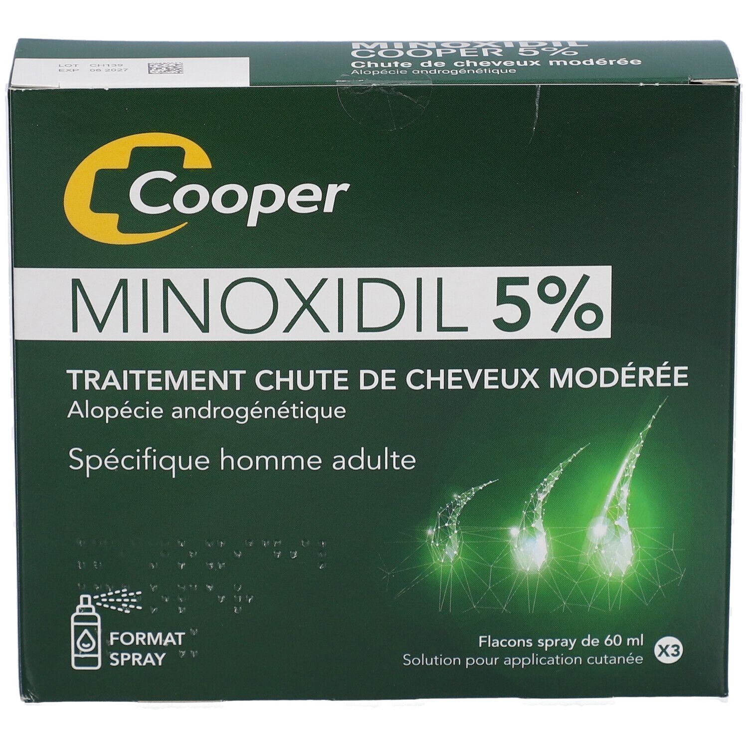 Boîte Minoxidil 5% Cooper. Traitement chute de cheveux modérée, spécifique homme adulte. Format spray. Logo Cooper.