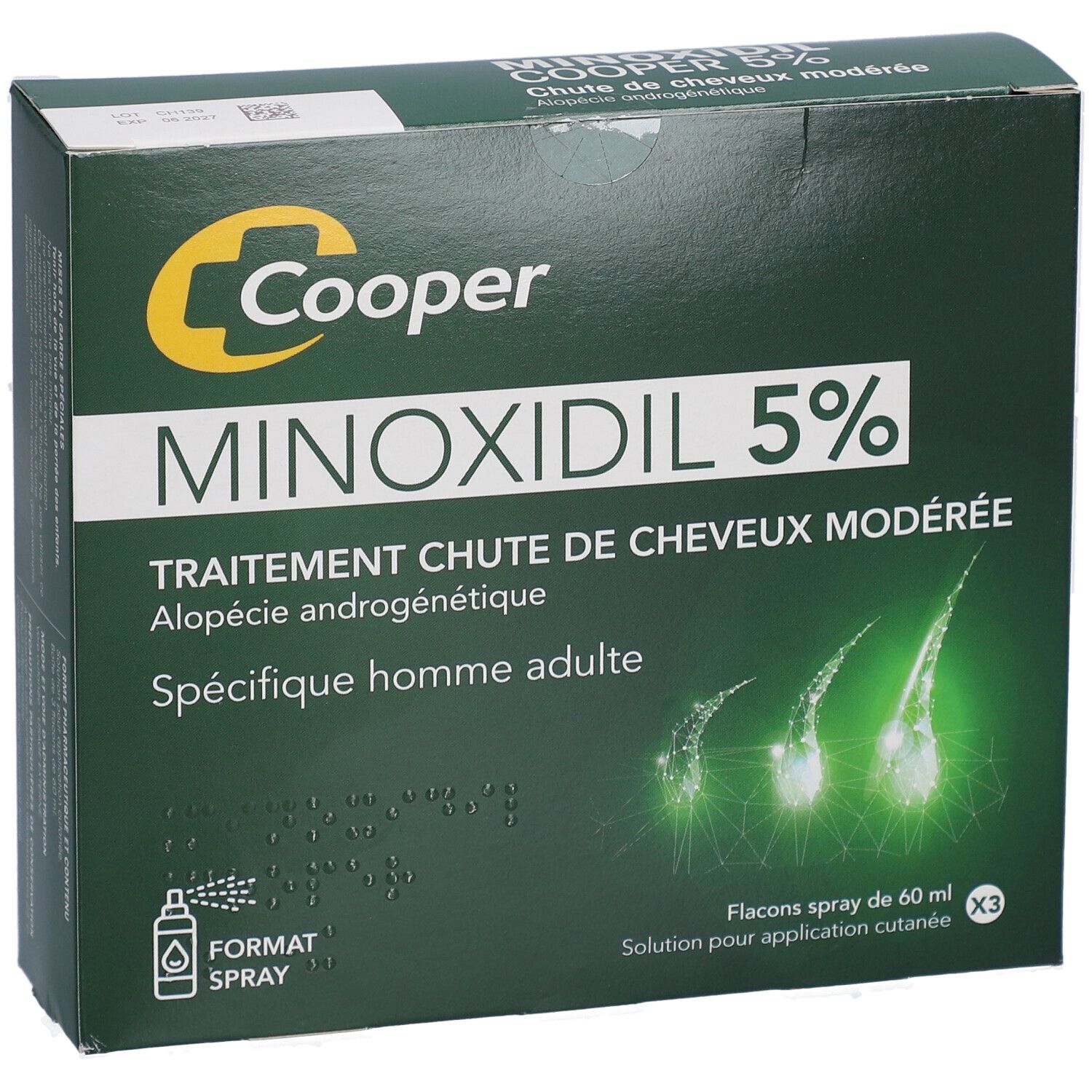 Boîte Minoxidil 5% Cooper. Traitement chute de cheveux modérée, spécifique homme adulte. Format spray. Logo Cooper.