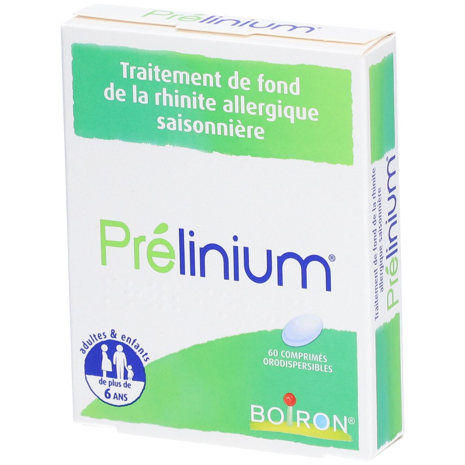 Boîte de comprimés Prélinium. Inscription: rhinite allergique saisonnière. Logo Boiron.