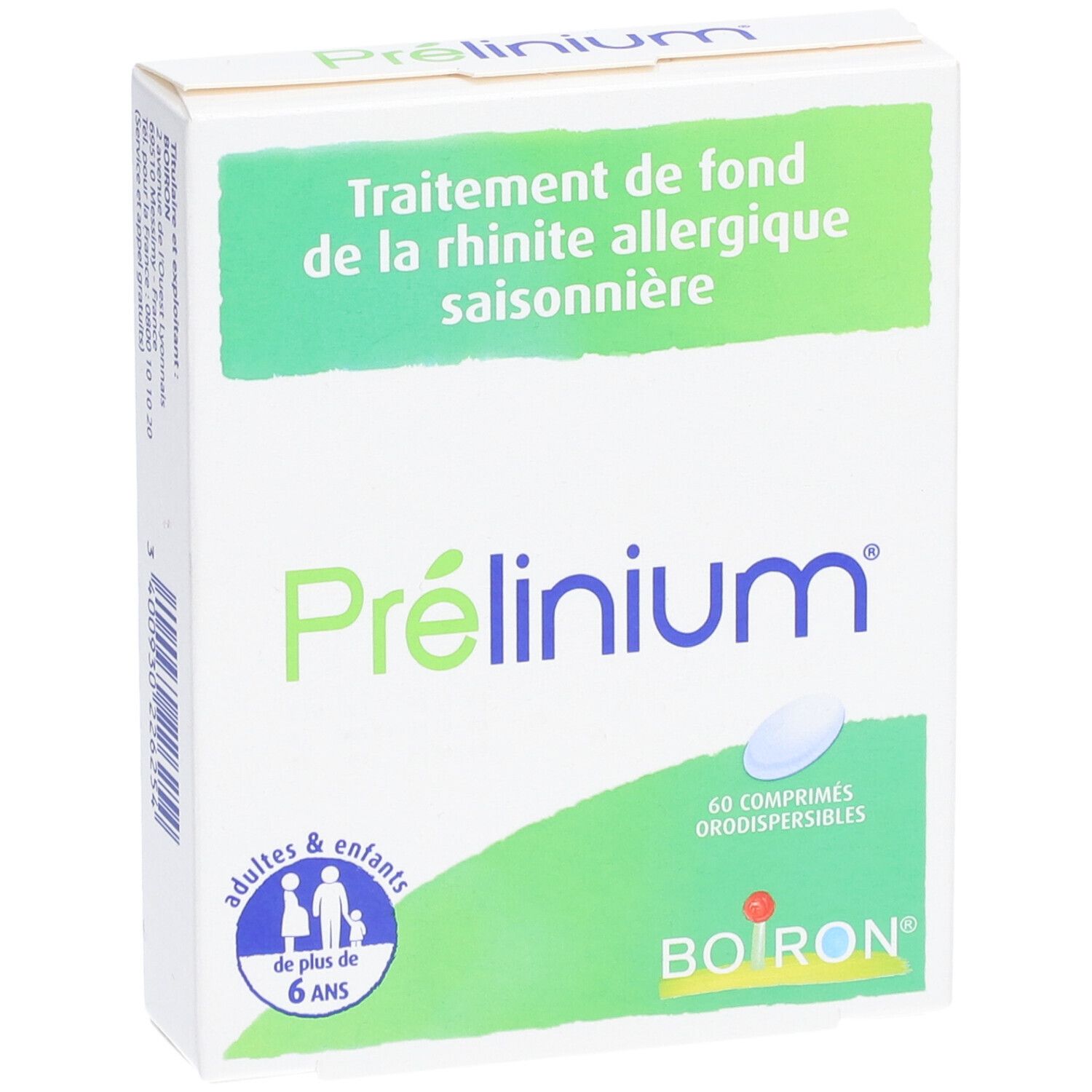 Boîte de comprimés Prélinium. Inscription: rhinite allergique saisonnière. Logo Boiron.