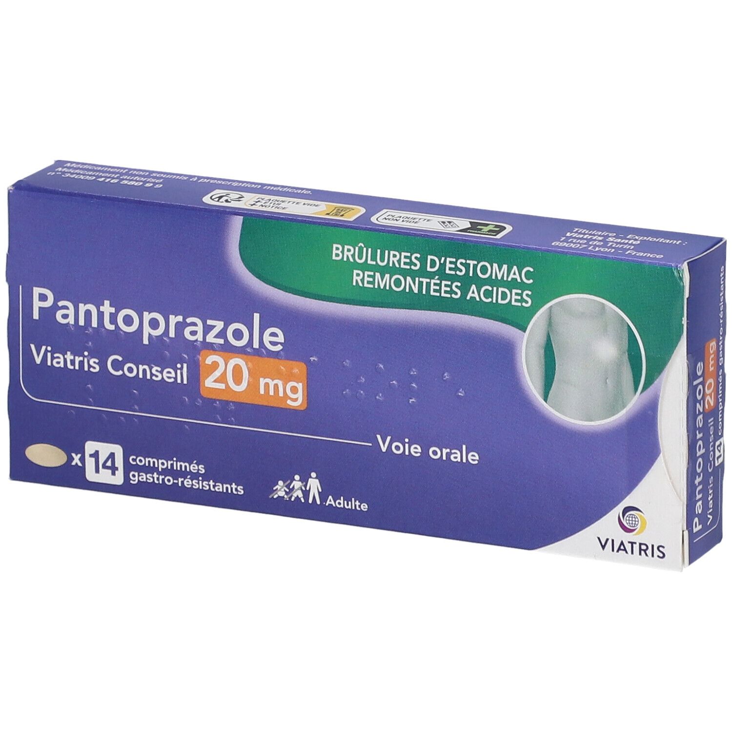 Boîte bleue et blanche Pantoprazole Viatris Conseil 20 mg. 14 comprimés gastro-résistants. Illustration du corps humain.