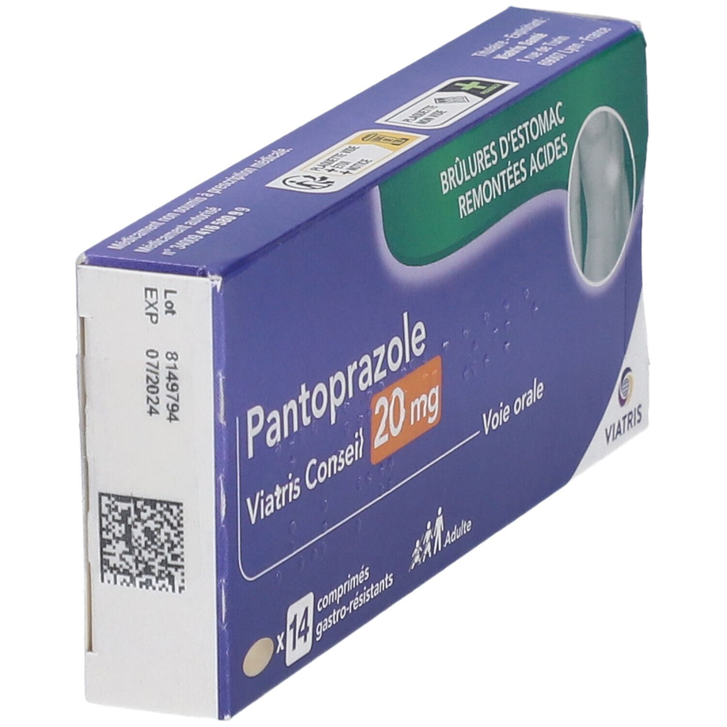 Boîte Pantoprazole Viatris Conseil 20 mg. Impression date de péremption et numéro de lot. Emballage bleu et blanc.