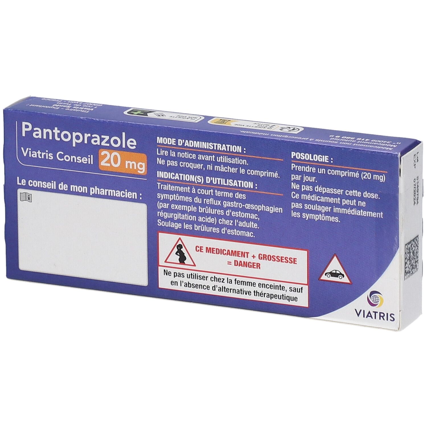 Dos de la boîte Pantoprazole Viatris Conseil 20 mg. Texte avec instructions d'utilisation et avertissements. Emballage bleu.
