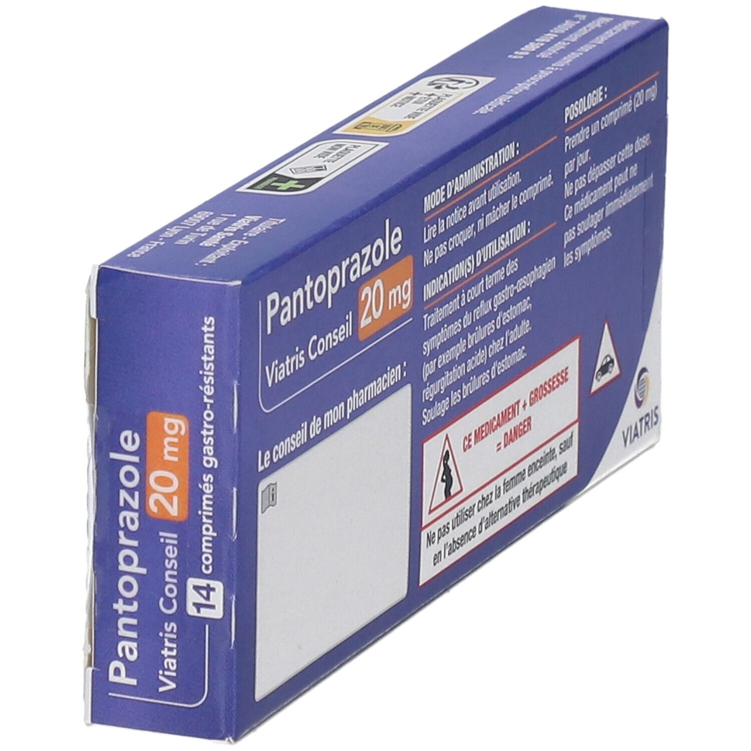 Boîte Pantoprazole Viatris Conseil 20 mg. Emballage bleu avec texte et avertissements. Vue en biais.