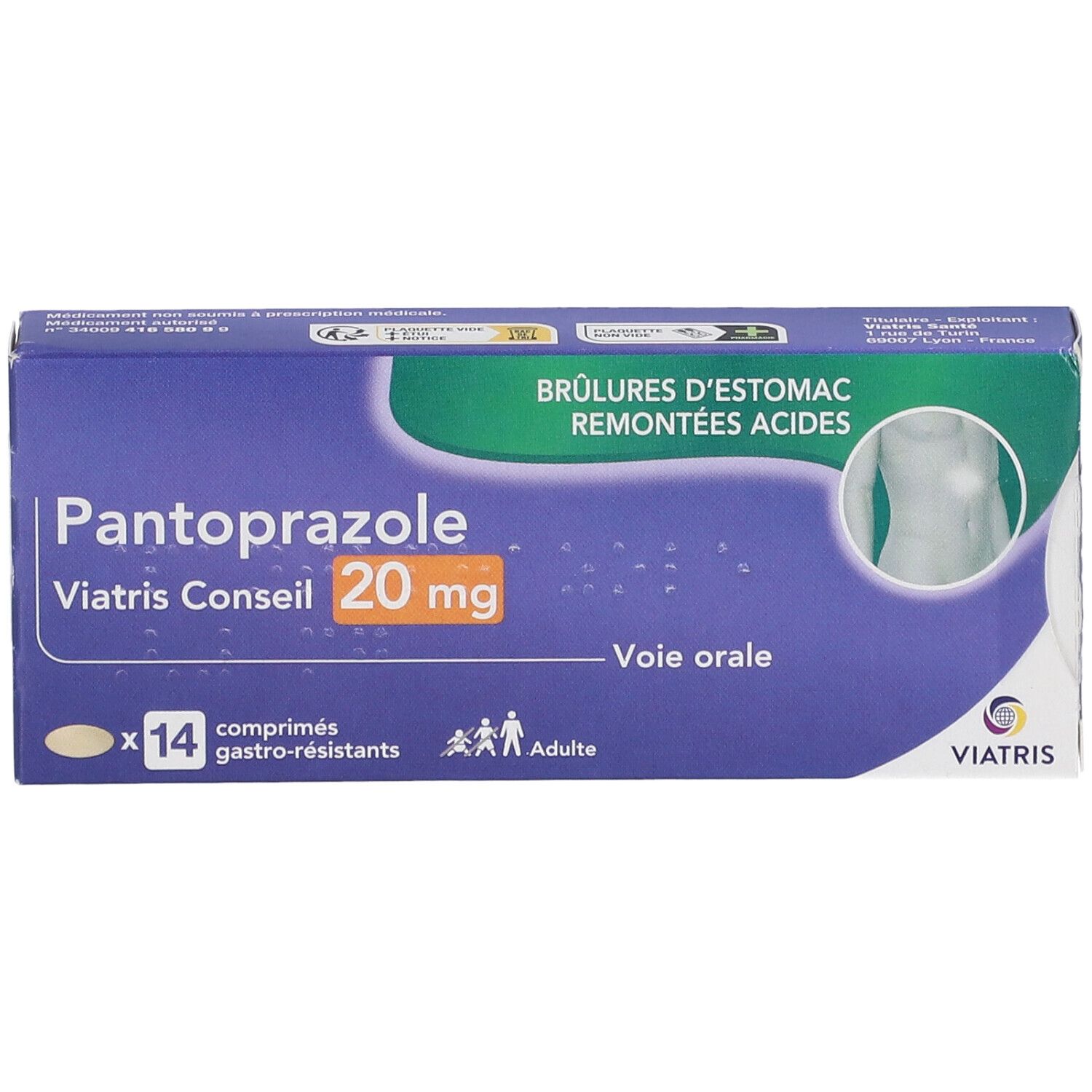 Boîte Pantoprazole Viatris Conseil 20 mg. 14 comprimés gastro-résistants. Illustration du corps humain. Emballage bleu.