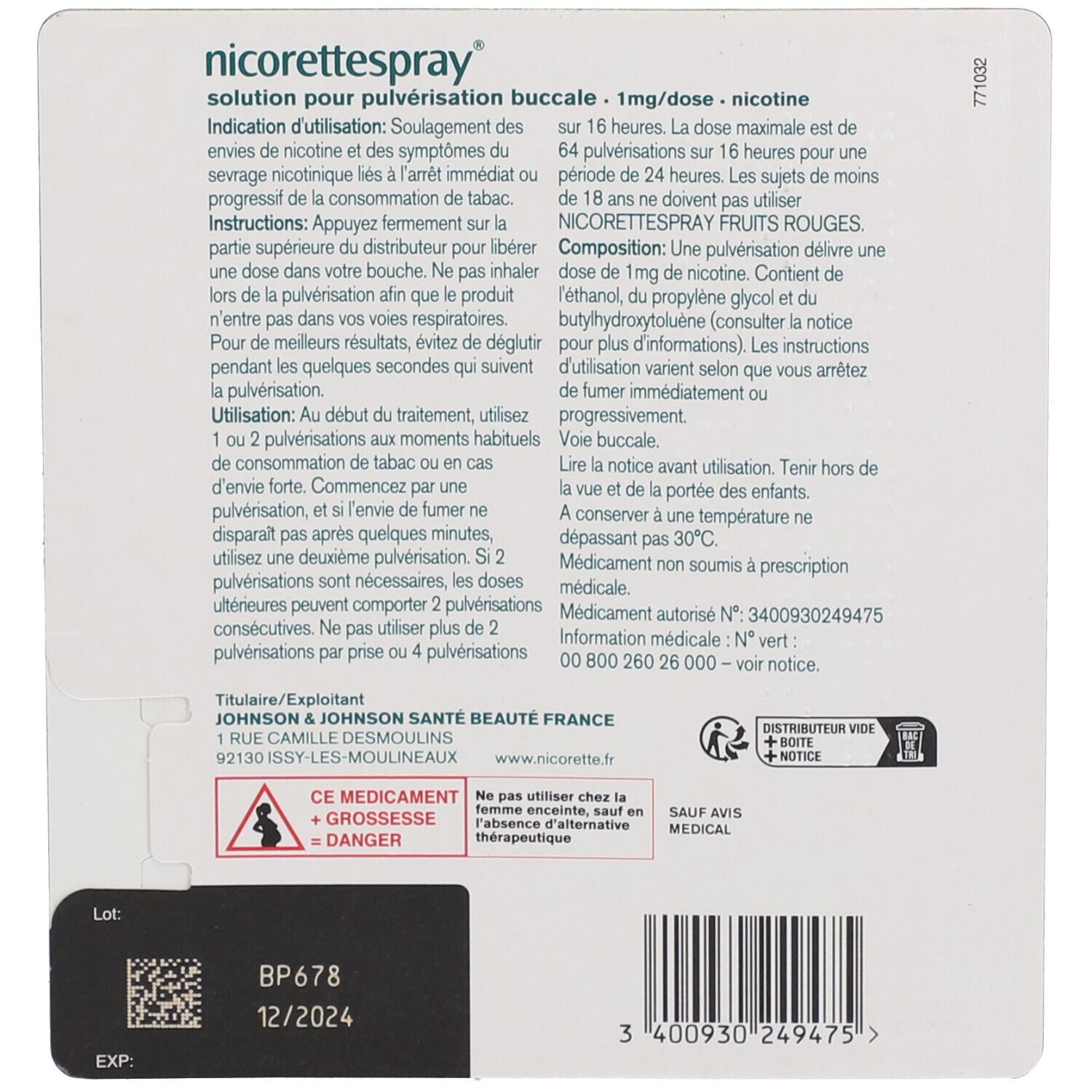 Dos de l'emballage avec texte. Contient des informations sur NicoretteSpray, Fruit rouges. Fond blanc.