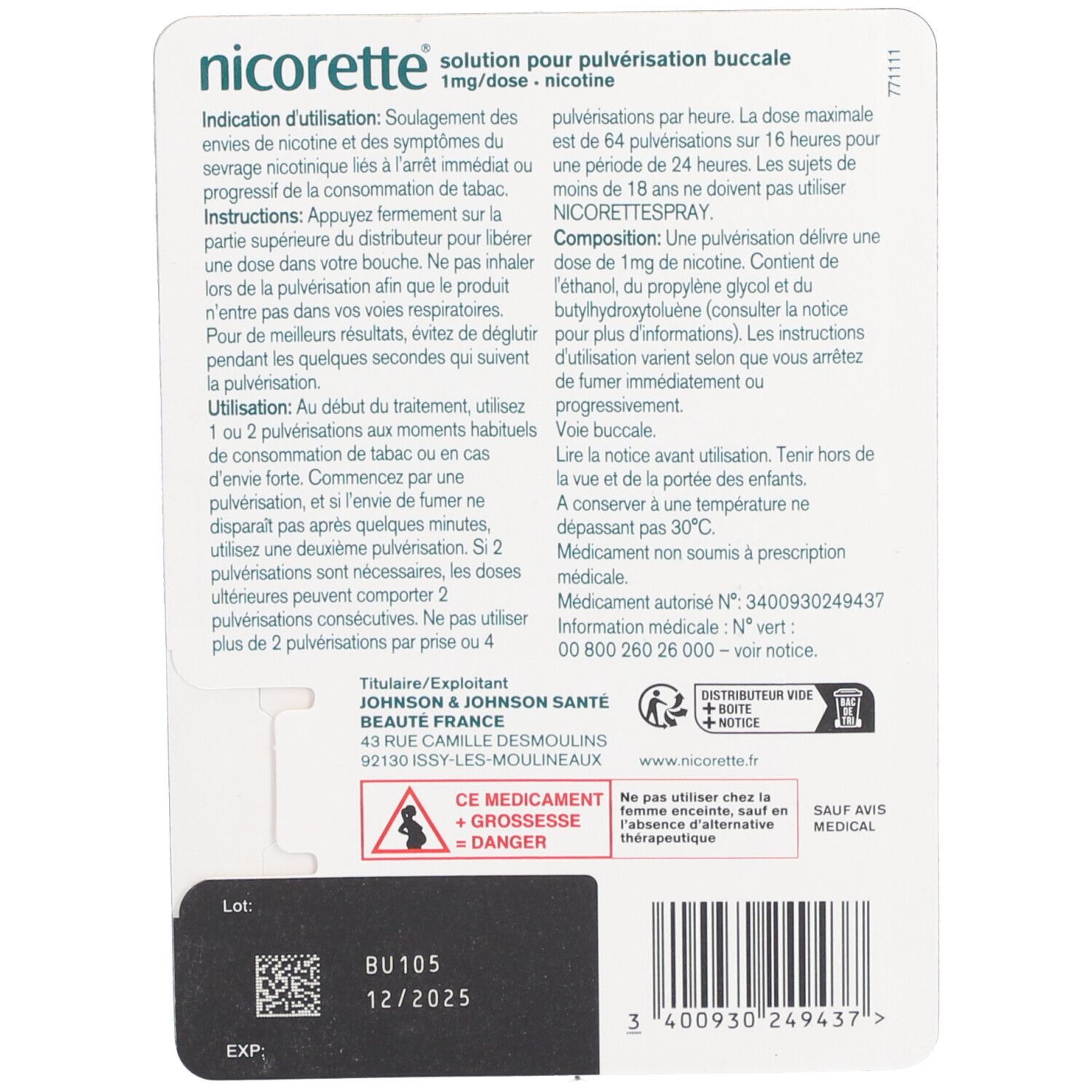 Nicorette Spray buccal, dos de l'emballage. Texte: 1 mg/dose, nicotine. Informations produit, mode d'emploi, avertissements.