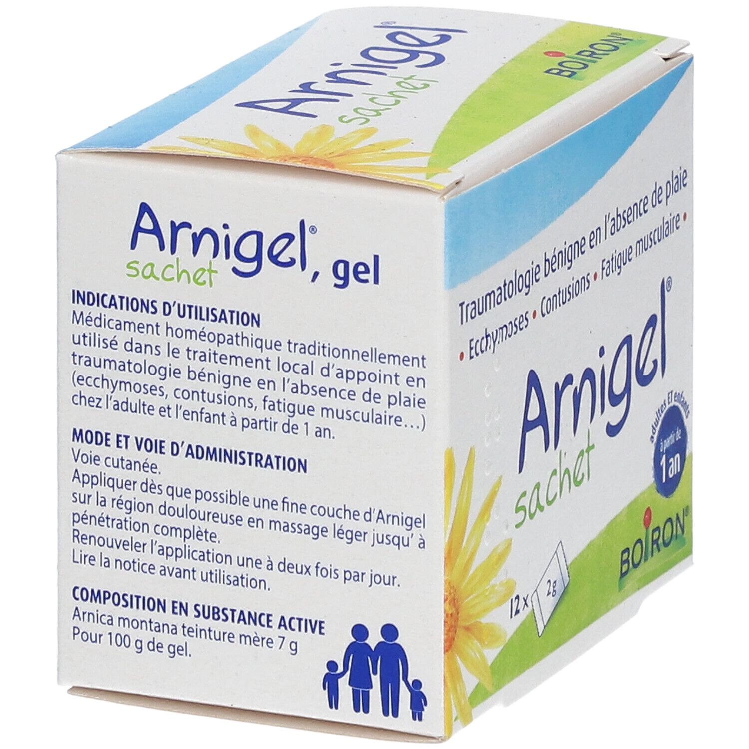 Boîte de gel "Arnigel sachet". Inscription : "à partir de 1 an". Marque : Boiron. Contient 12 sachets de 2g. Informations produit sur le côté.