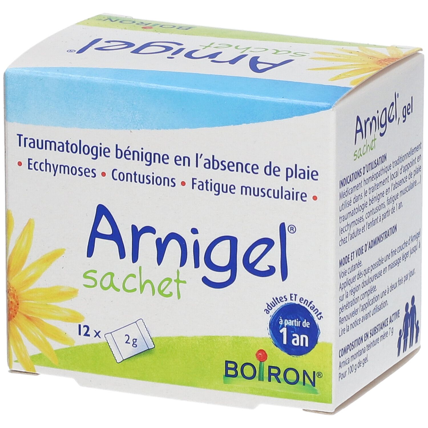 Boîte de gel "Arnigel sachet". Contient 12 sachets de 2g. Inscription : "à partir de 1 an". Marque : Boiron. Informations produit sur le côté.