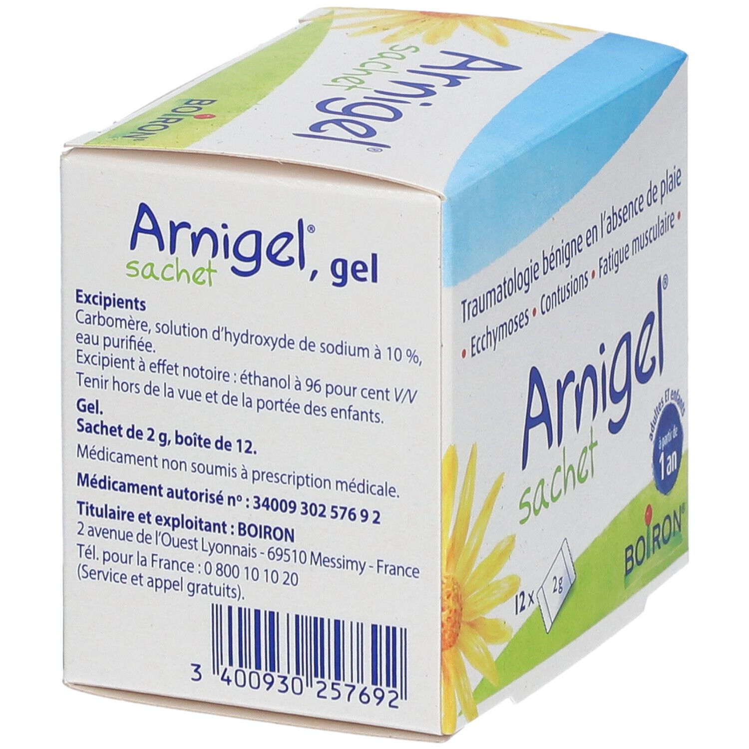 Boîte de gel "Arnigel sachet". Inscription : "à partir de 1 an". Marque : Boiron. Contient 12 sachets de 2g. Informations produit sur le côté.