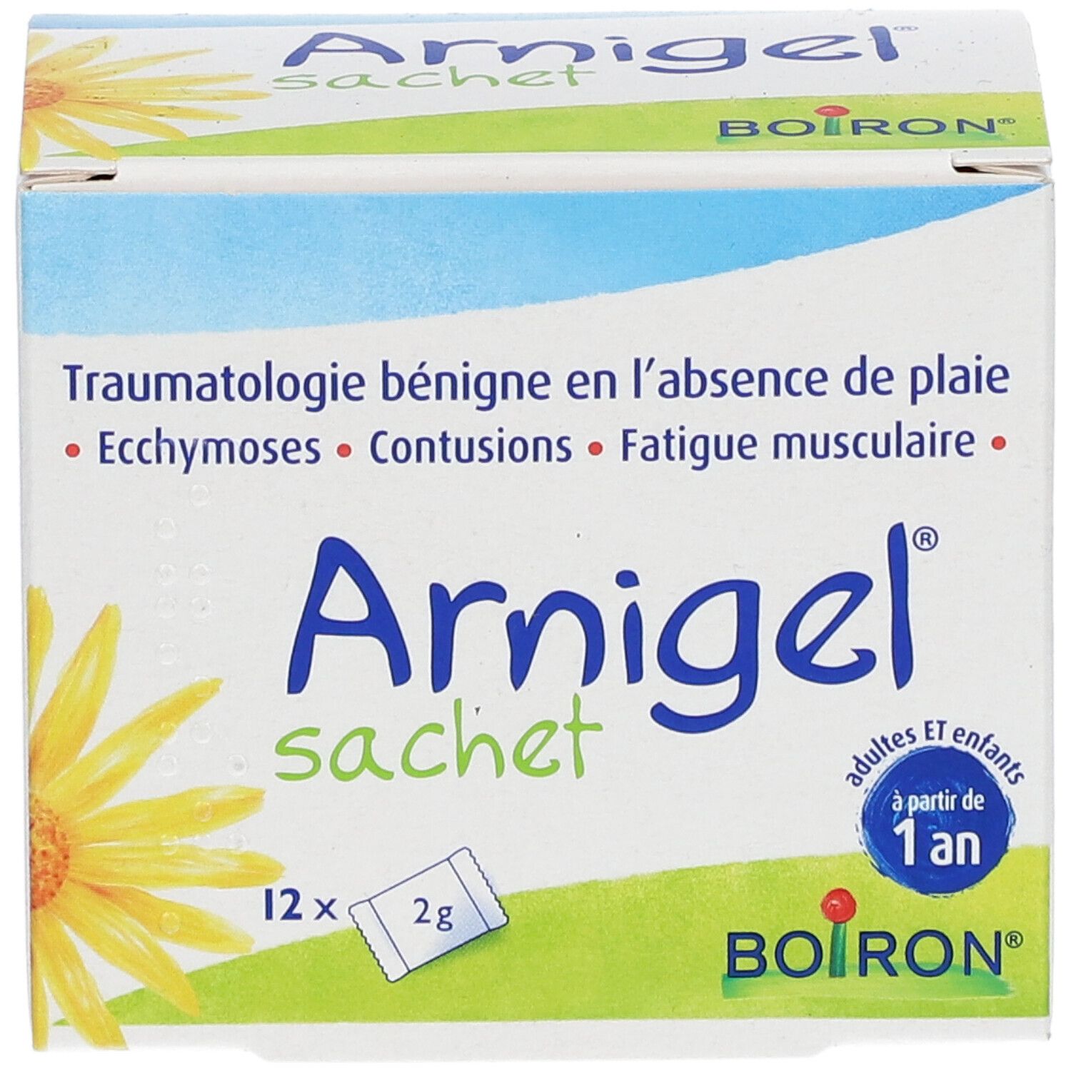 Boîte de gel "Arnigel sachet". Contient 12 sachets de 2g. Inscription : "à partir de 1 an". Marque : Boiron.